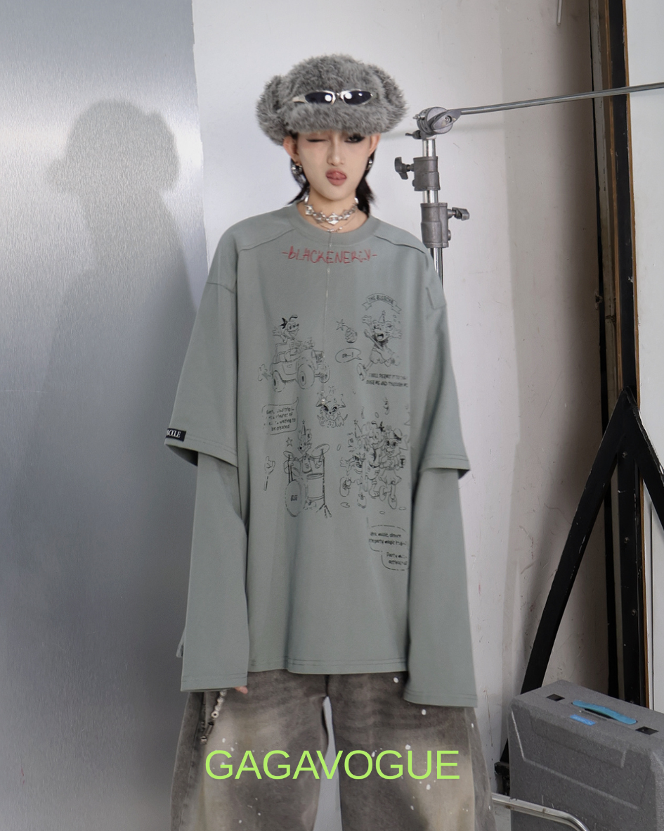 GAGAVOGUE VINTAGE LAYERED CARTOON LONG SLEEVE TEE