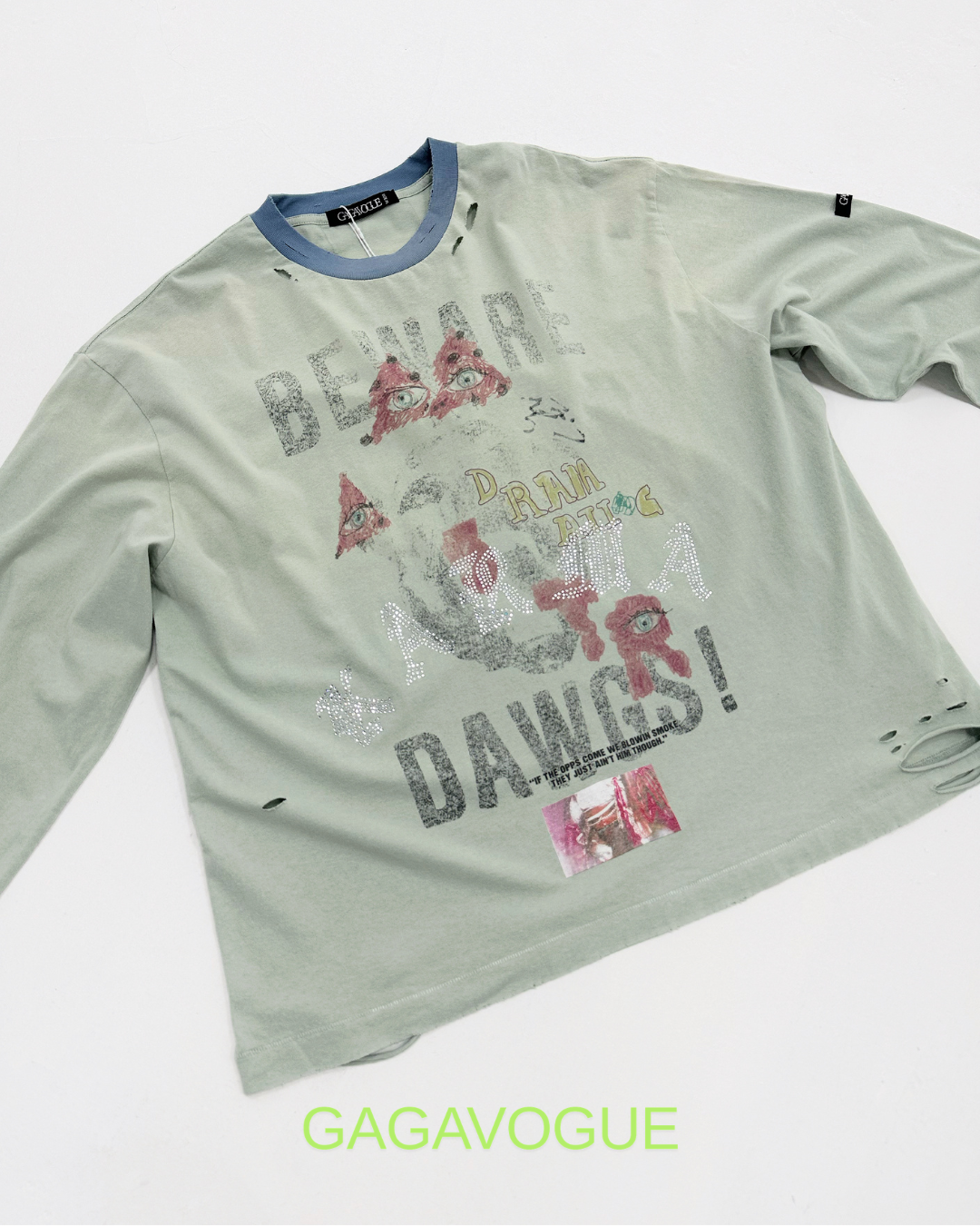 GAGAVOGUE VINTAGE MINT DISTRESSED LONG SLEEVE TEE