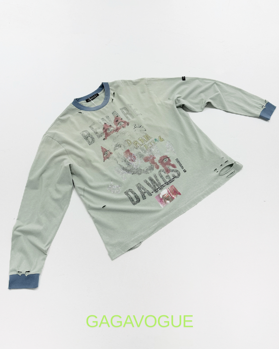 GAGAVOGUE VINTAGE MINT DISTRESSED LONG SLEEVE TEE