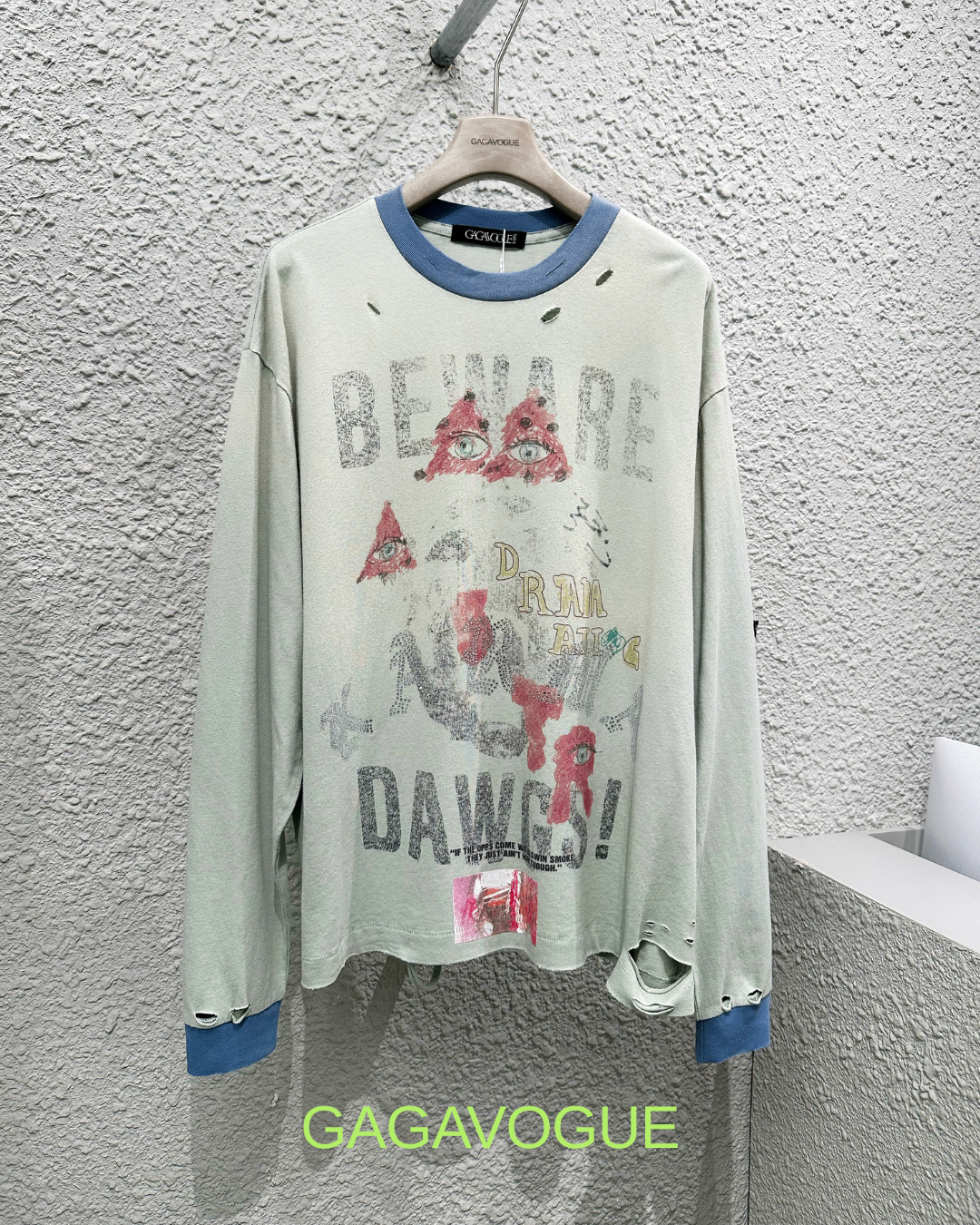GAGAVOGUE VINTAGE MINT DISTRESSED LONG SLEEVE TEE