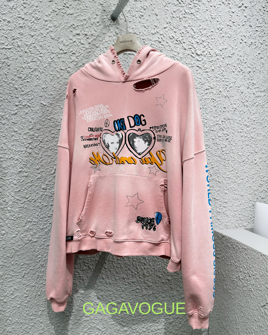GAGAVOGUE PINK OK! DOG DISTRESSED HOODIE