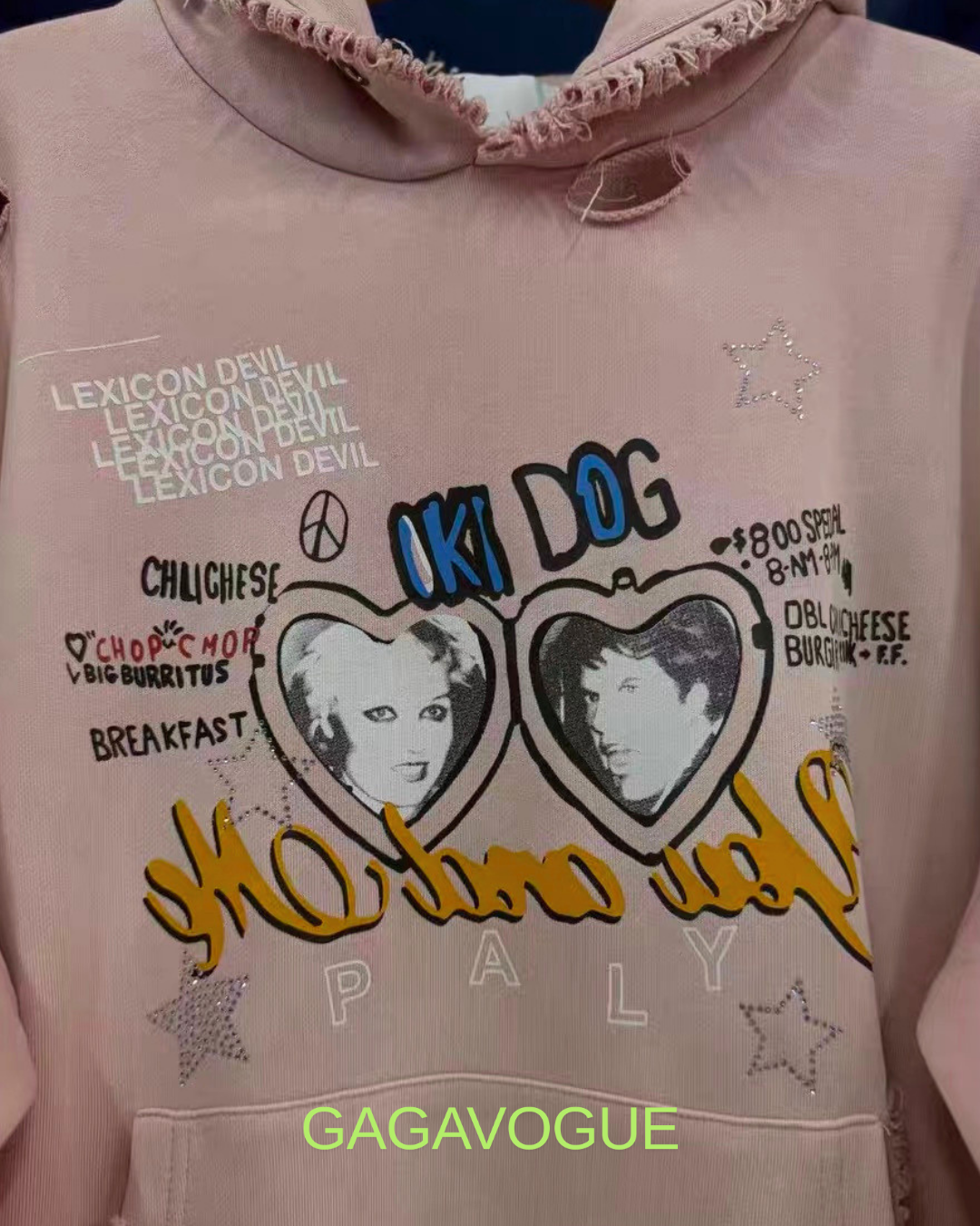 GAGAVOGUE PINK OK! DOG DISTRESSED HOODIE