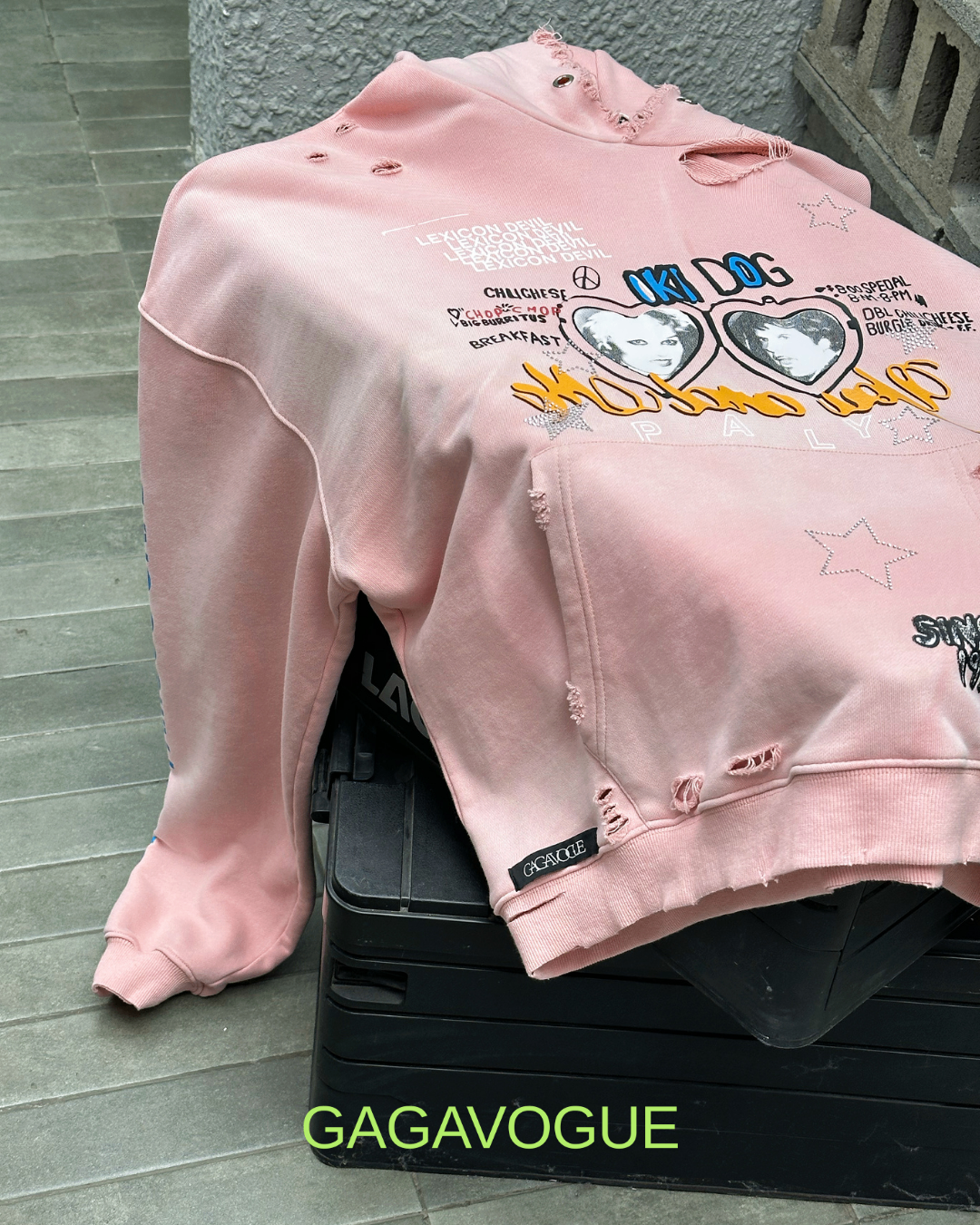 GAGAVOGUE PINK OK! DOG DISTRESSED HOODIE