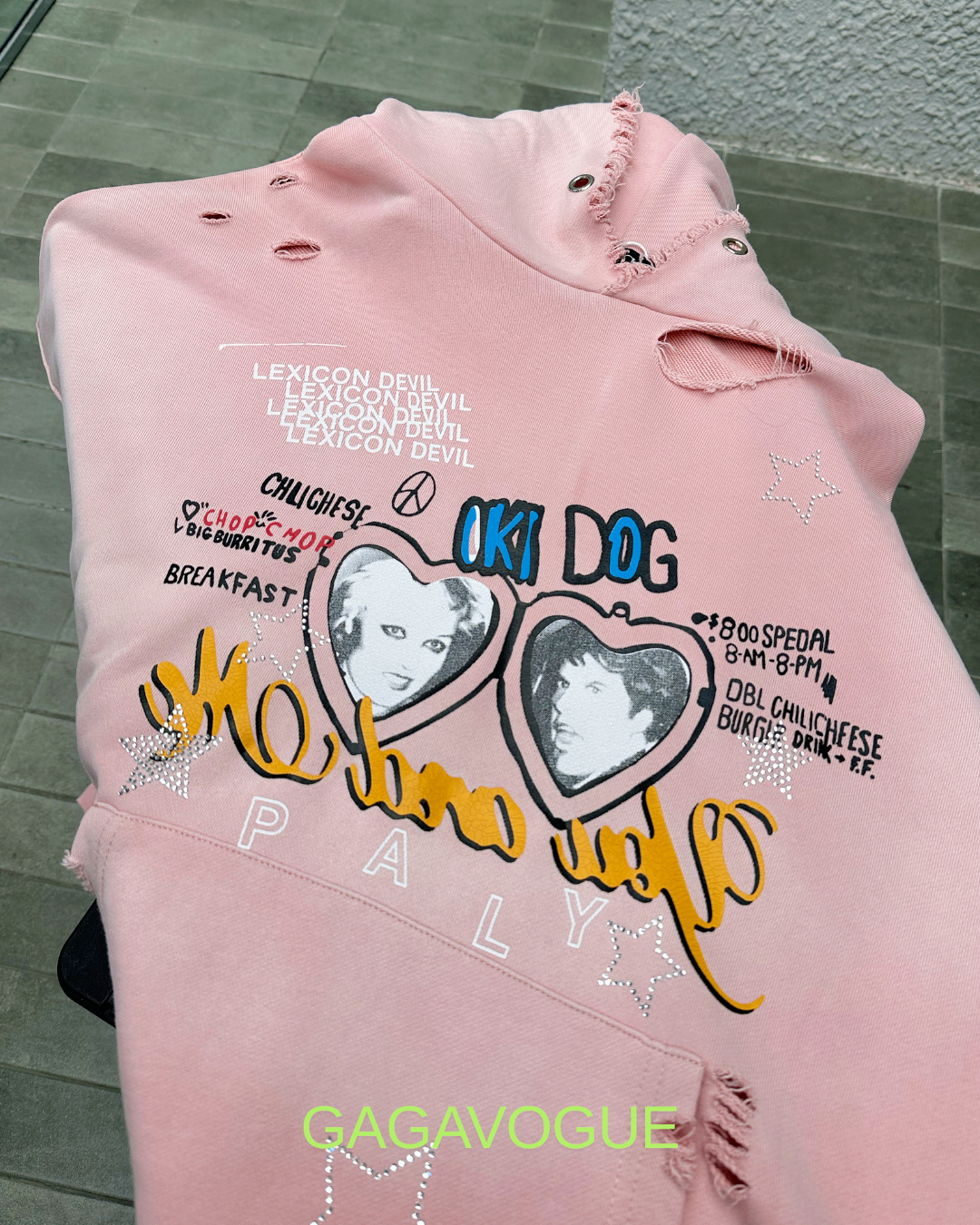 GAGAVOGUE PINK OK! DOG DISTRESSED HOODIE