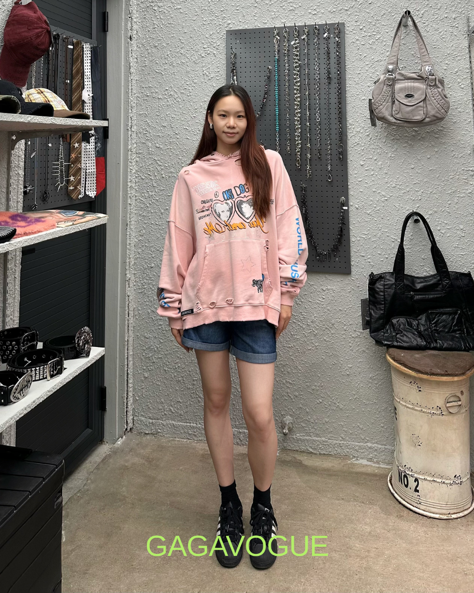 GAGAVOGUE PINK OK! DOG DISTRESSED HOODIE