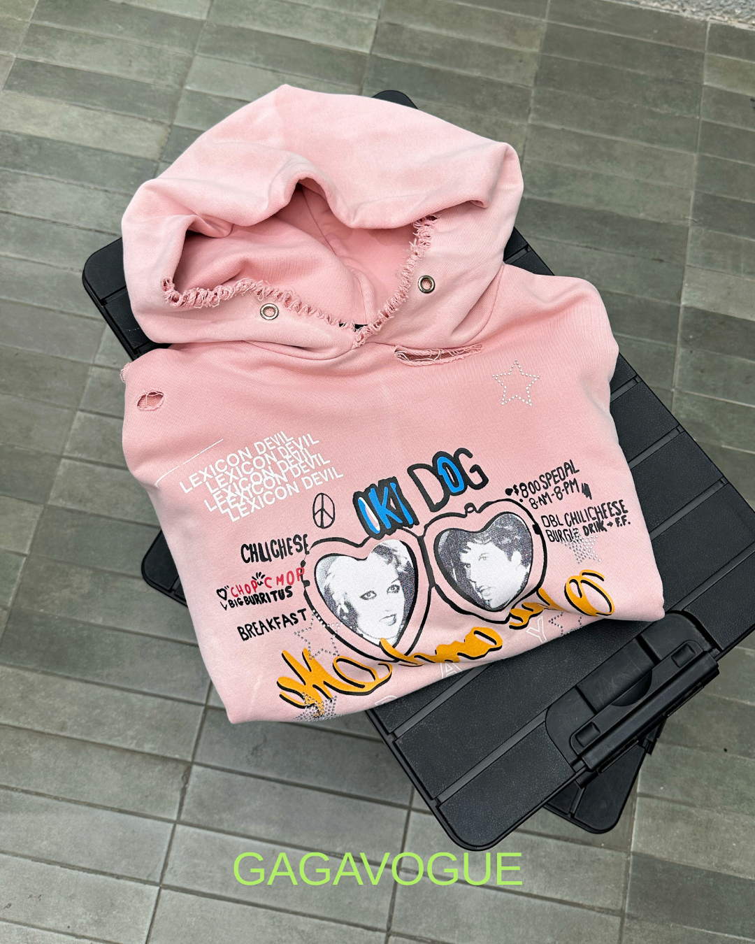 GAGAVOGUE PINK OK! DOG DISTRESSED HOODIE