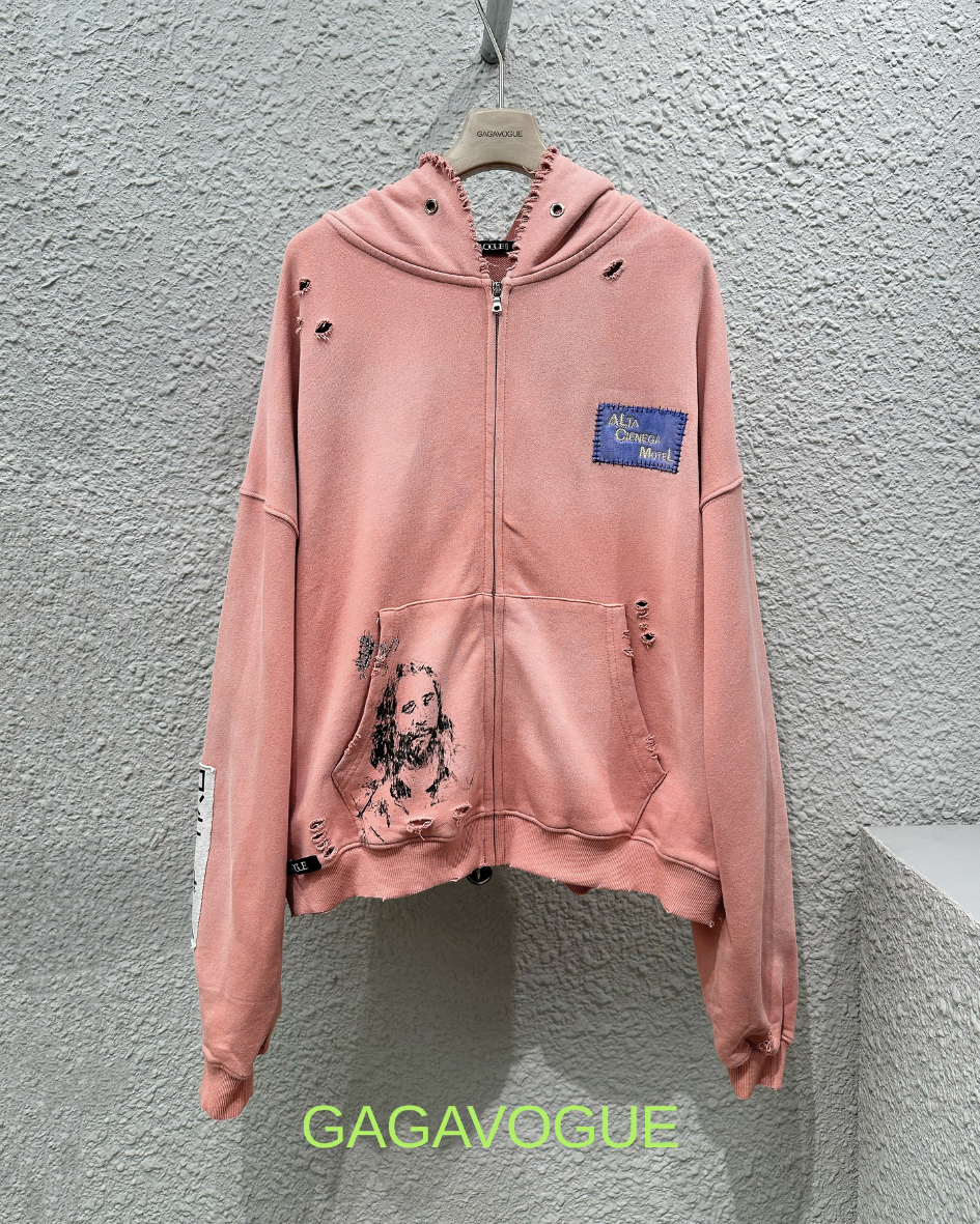 GAGAVOGUE DISTRESSED PORTRAIT GRAPHIC ZIP-UP HOODIE