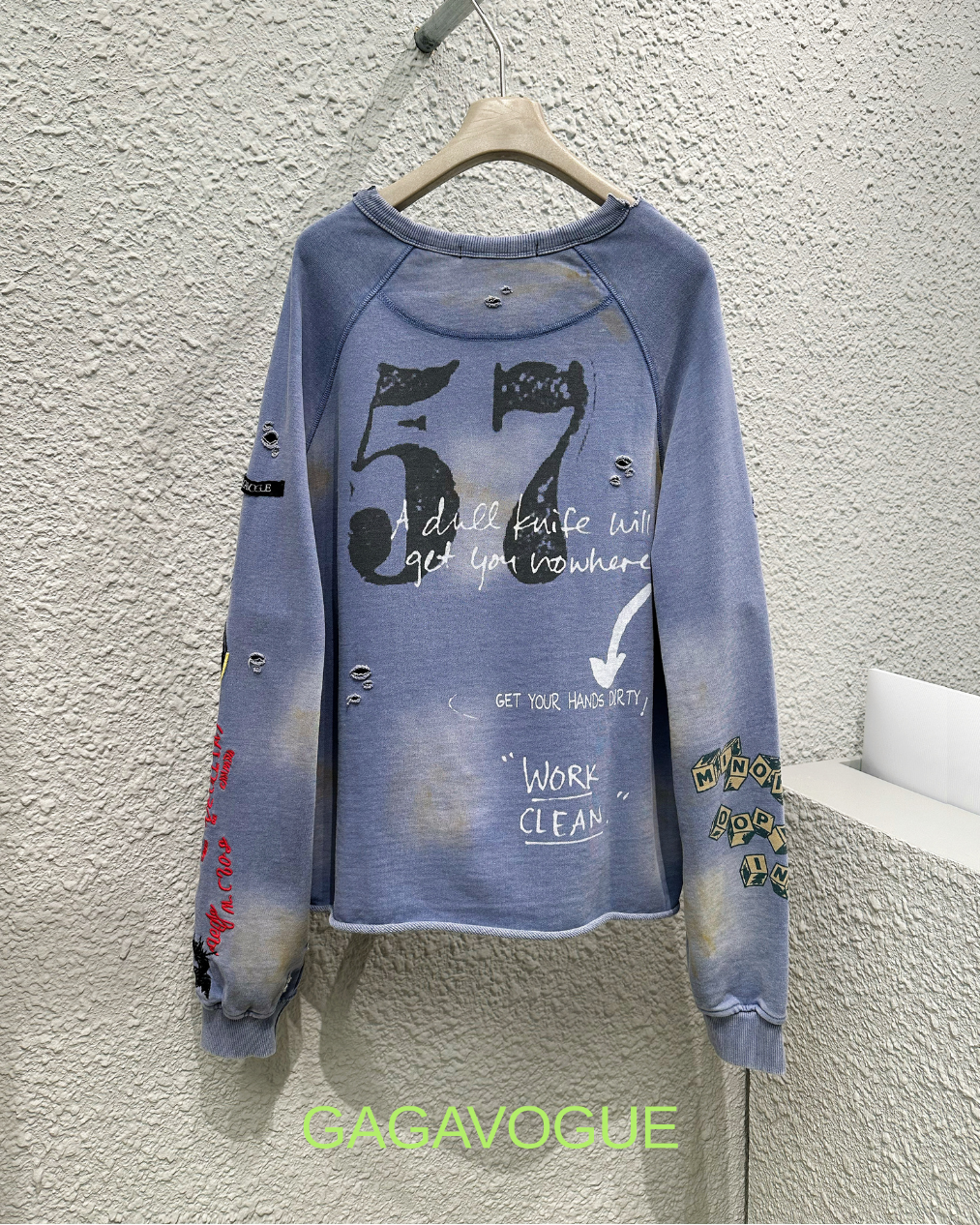 GAGAVOGUE DISTRESSED GRAPHIC PATCHWORK PRINT CREWNECK SWEATSHIRT