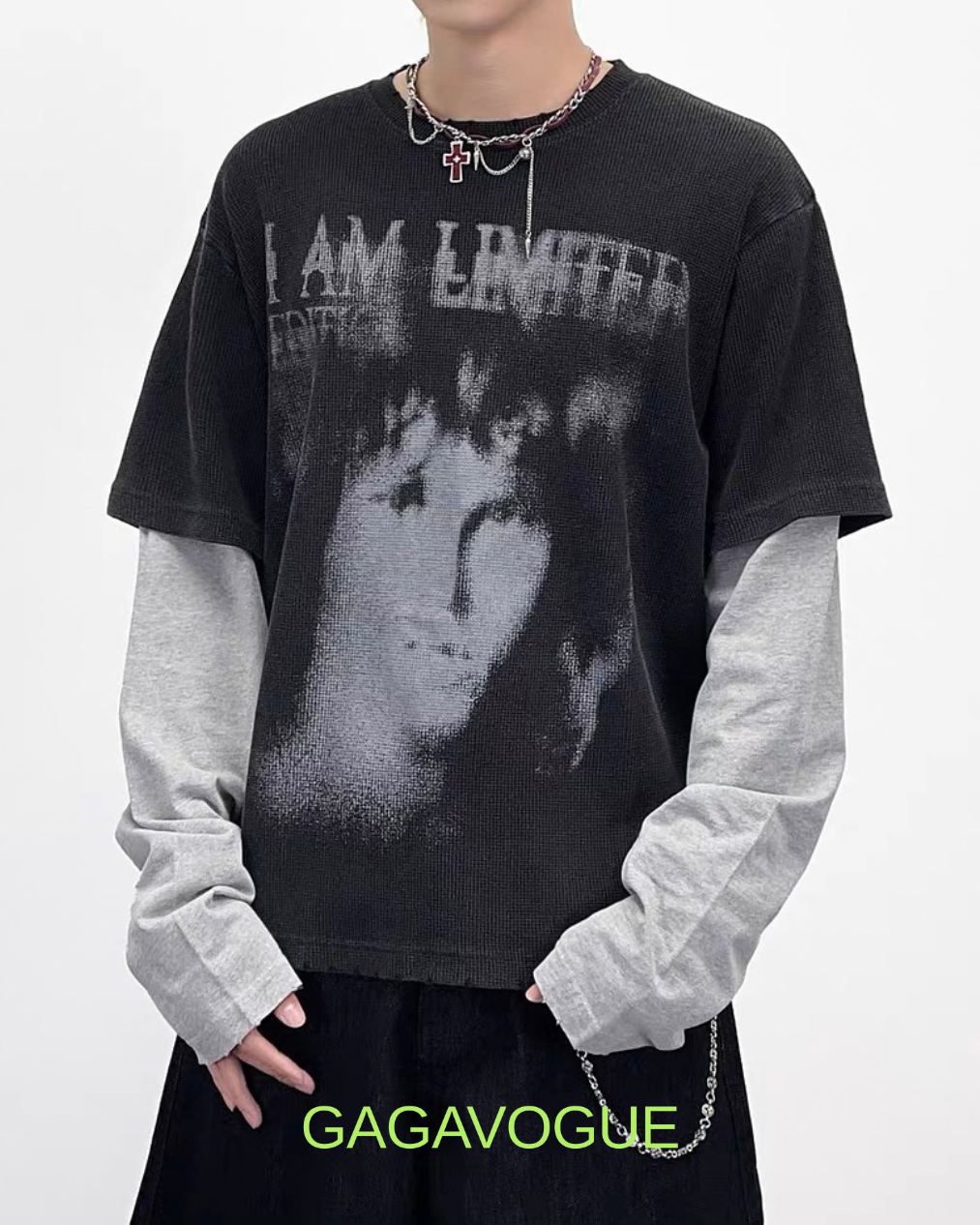 GAGAVOGUE BLACK & GREY LAYERED GRAPHIC MESH TEE