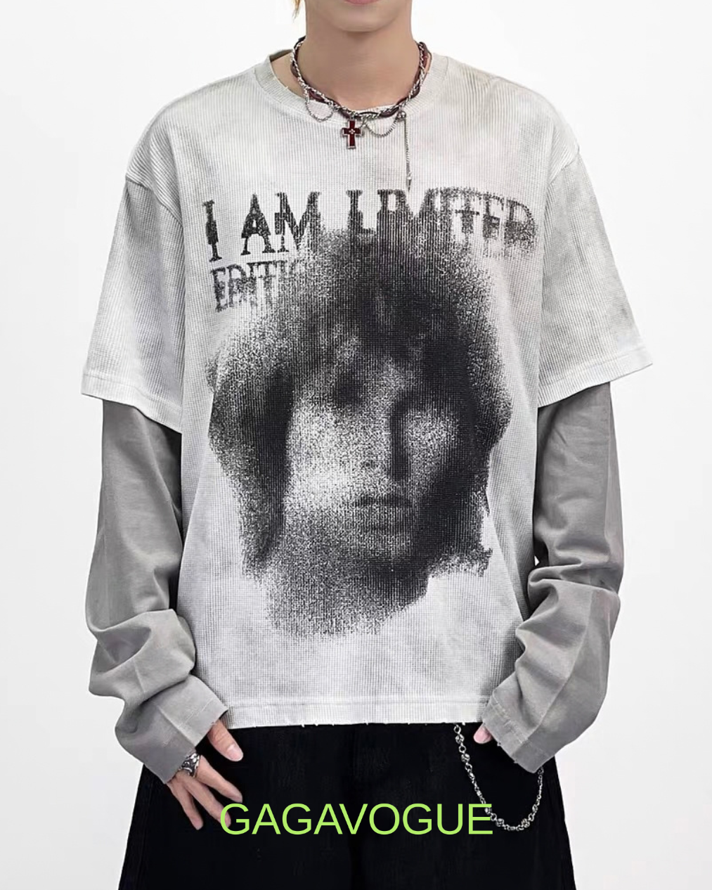GAGAVOGUE BLACK & GREY LAYERED GRAPHIC MESH TEE