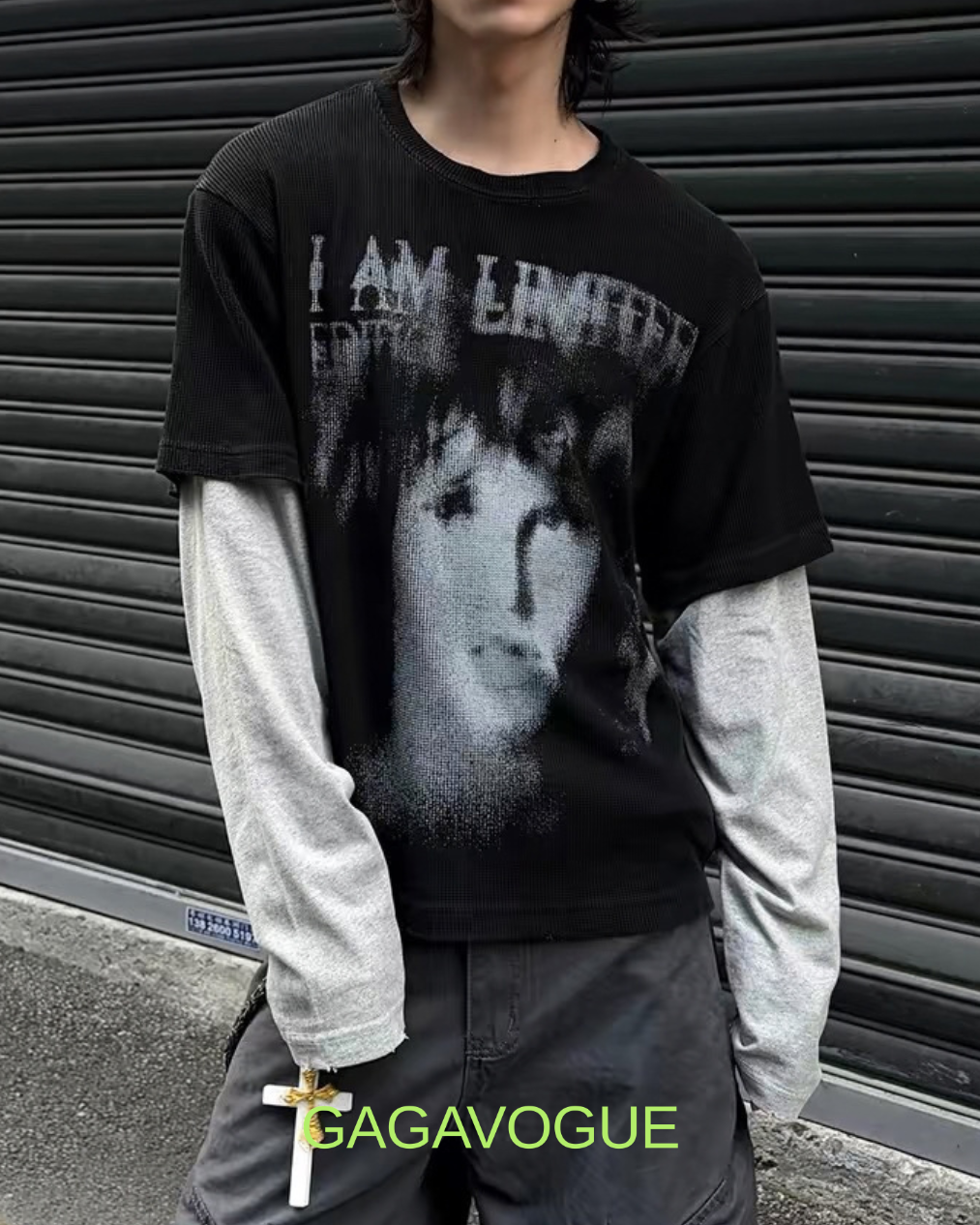 GAGAVOGUE BLACK & GREY LAYERED GRAPHIC MESH TEE