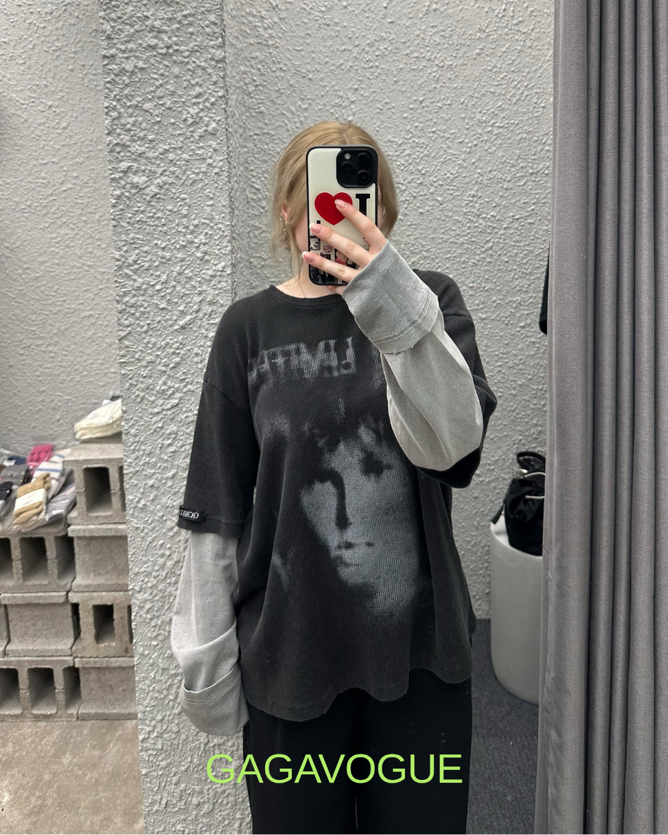 GAGAVOGUE BLACK & GREY LAYERED GRAPHIC MESH TEE