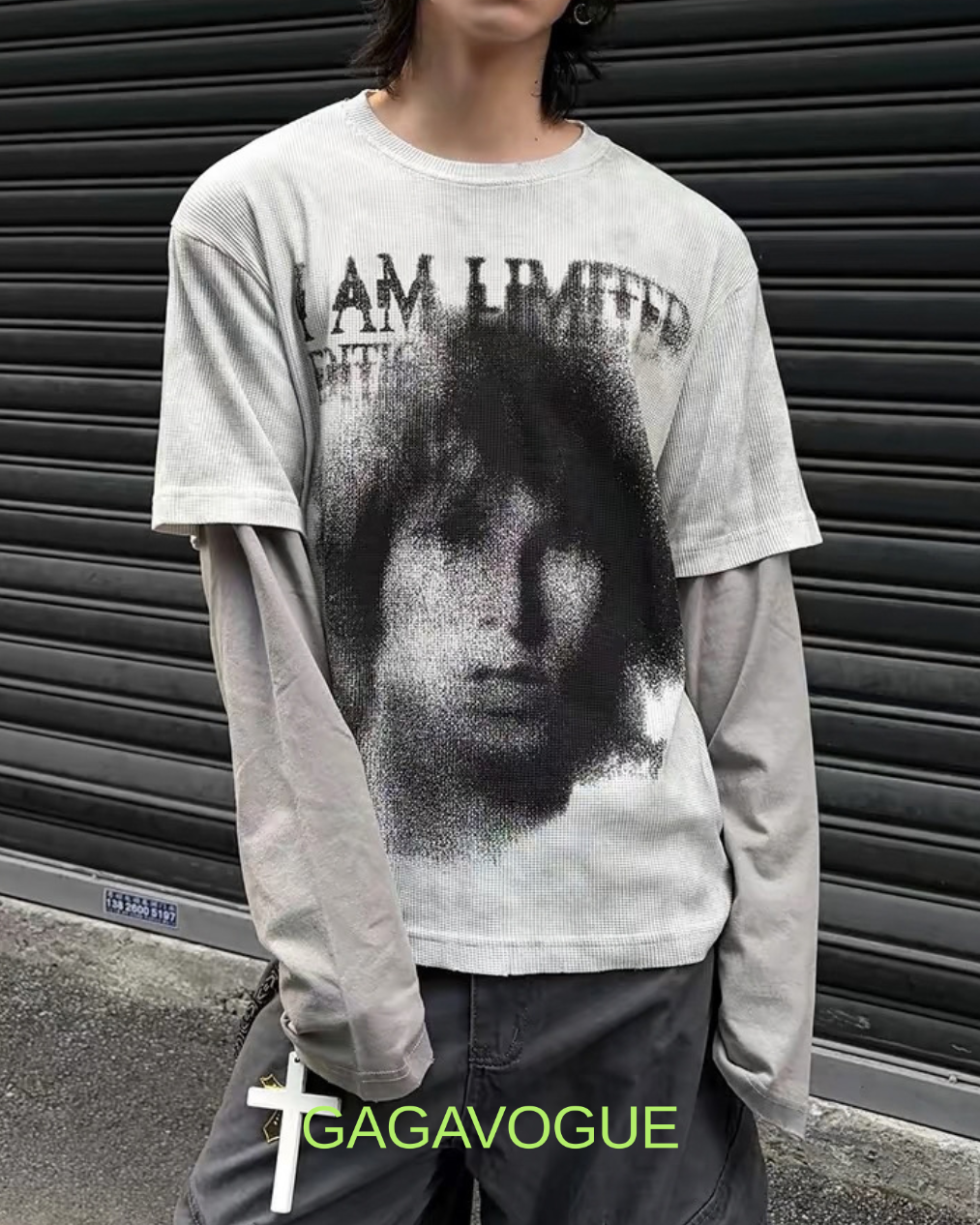 GAGAVOGUE BLACK & GREY LAYERED GRAPHIC MESH TEE