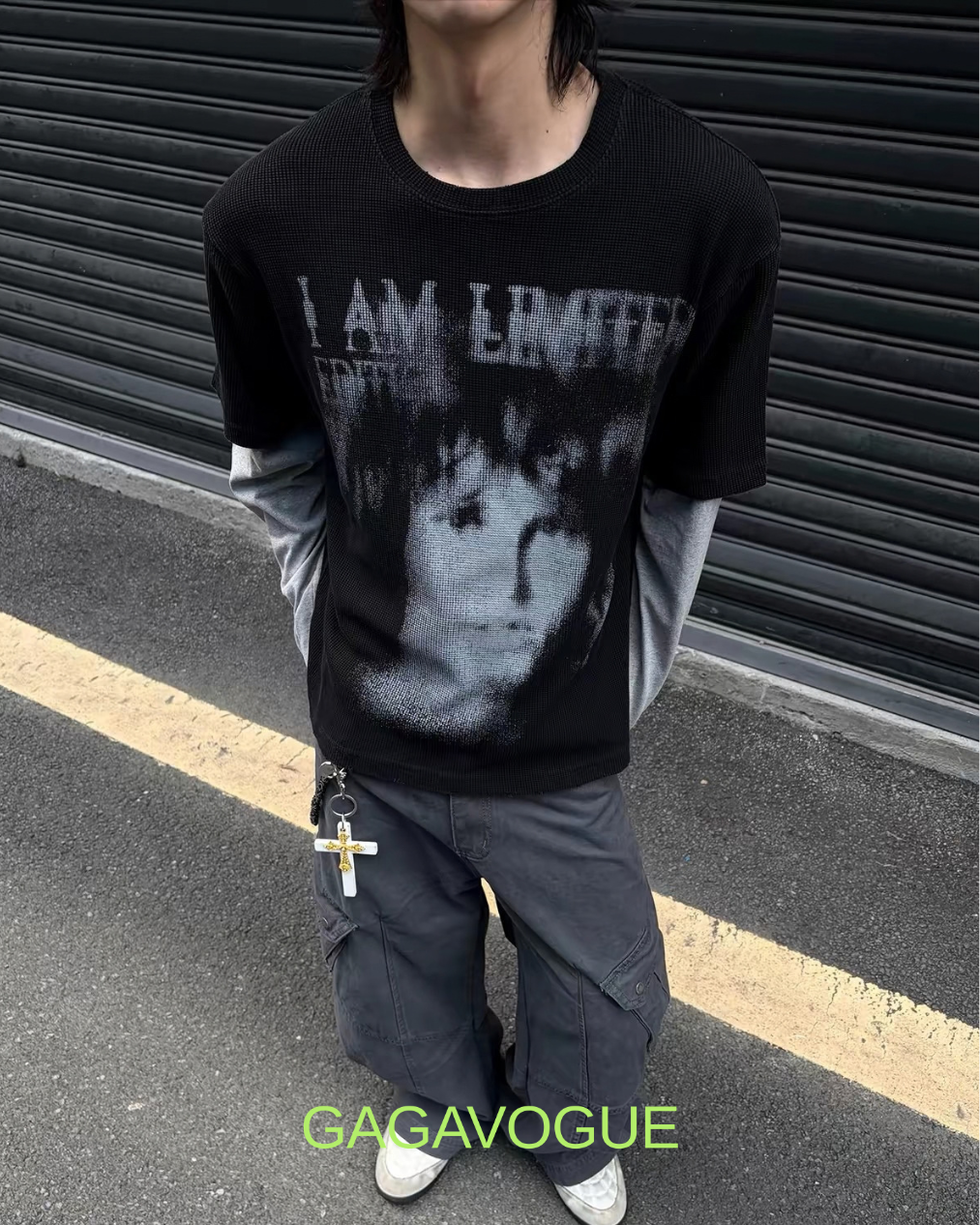 GAGAVOGUE BLACK & GREY LAYERED GRAPHIC MESH TEE