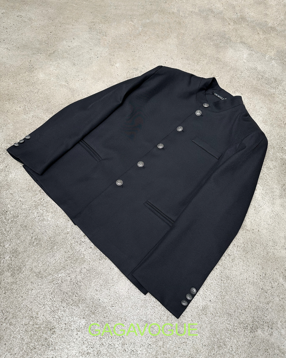 GAGAVOGUE BLACK MANDARIN COLLAR BUTTON-UP TAILORED JACKET