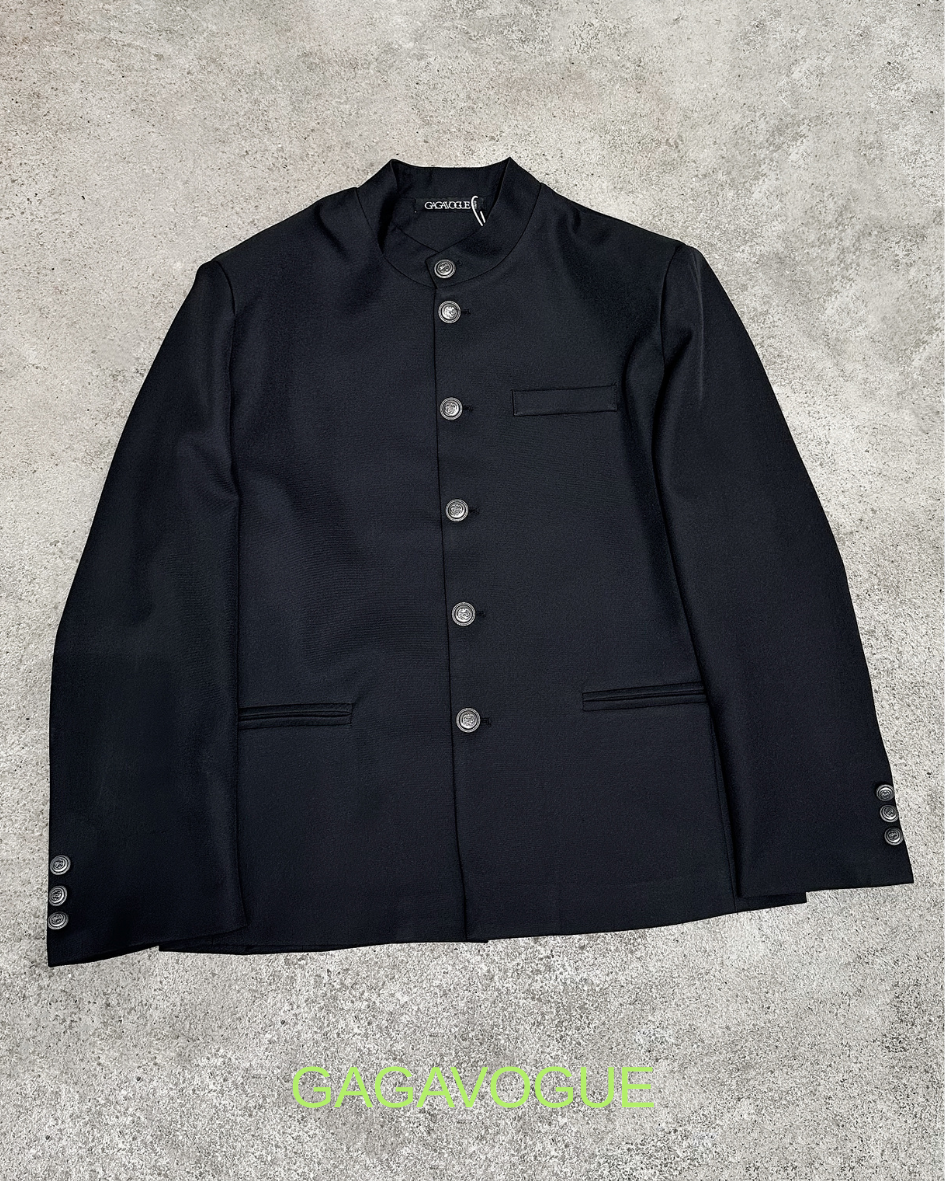 GAGAVOGUE BLACK MANDARIN COLLAR BUTTON-UP TAILORED JACKET