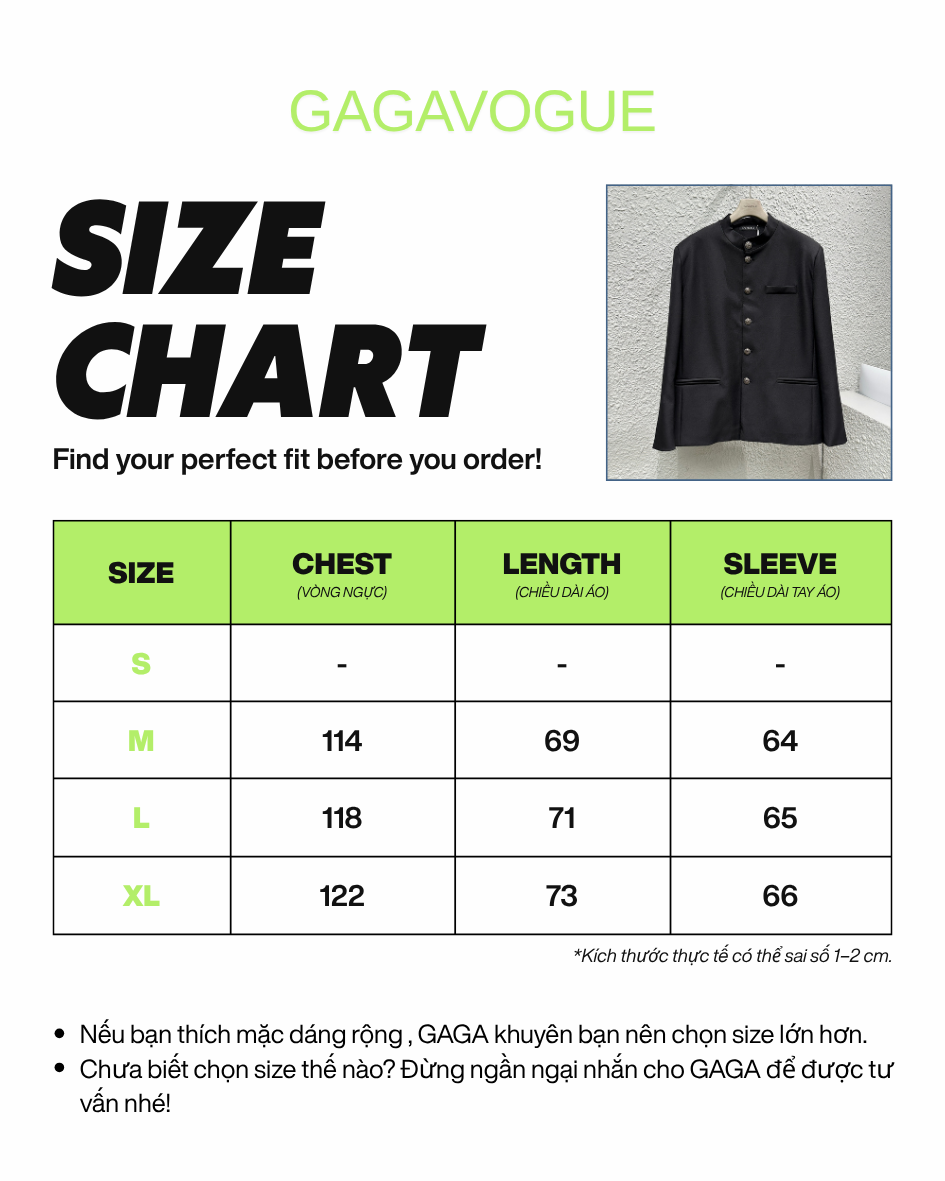 GAGAVOGUE BLACK MANDARIN COLLAR BUTTON-UP TAILORED JACKET