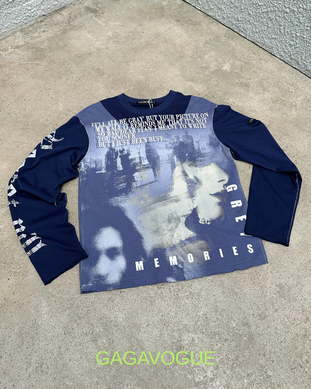 GAGAVOGUE NAVY MEMORY GRAPHIC MESH PANEL LONG SLEEVE T-SHIRT