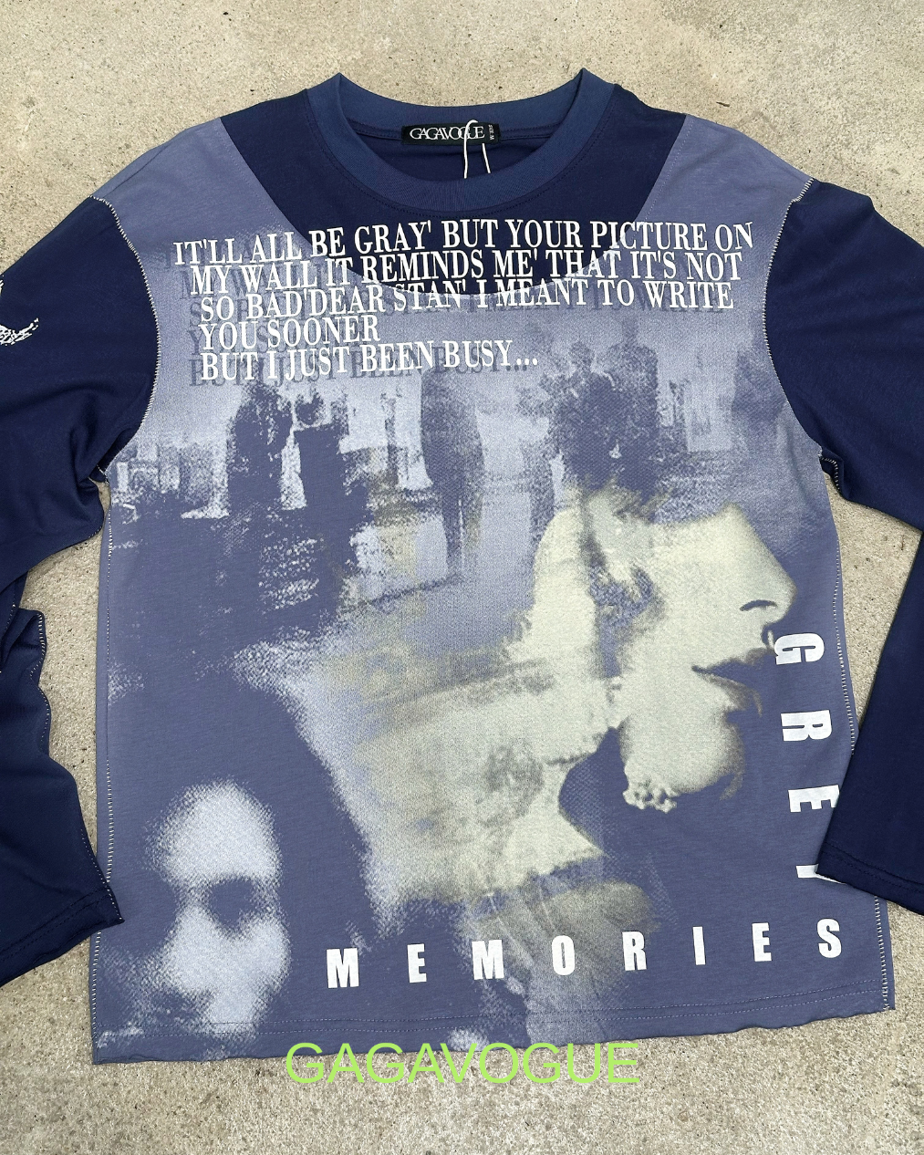 GAGAVOGUE NAVY MEMORY GRAPHIC MESH PANEL LONG SLEEVE T-SHIRT