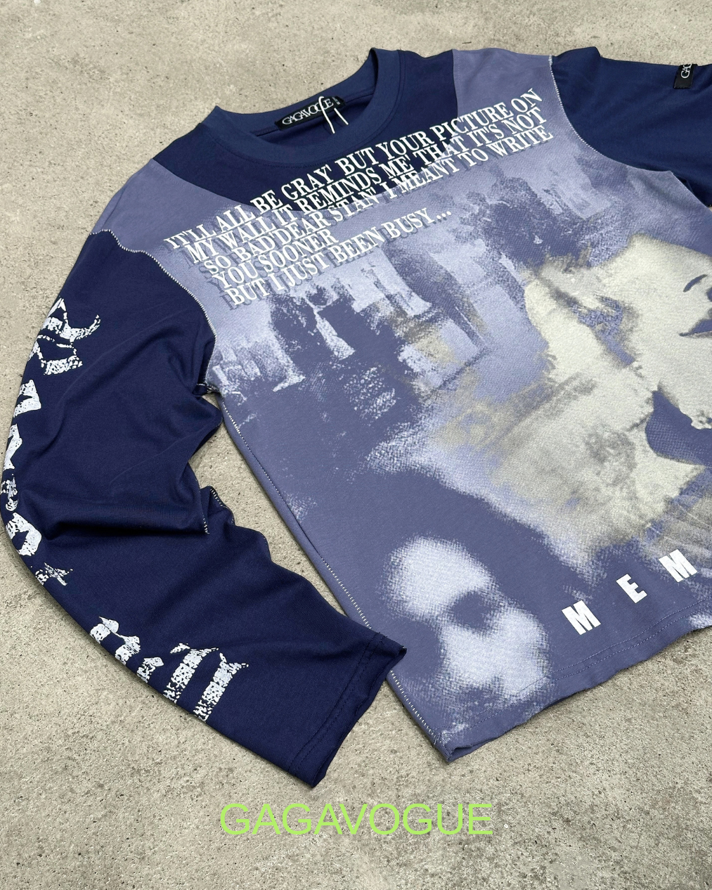 GAGAVOGUE NAVY MEMORY GRAPHIC MESH PANEL LONG SLEEVE T-SHIRT