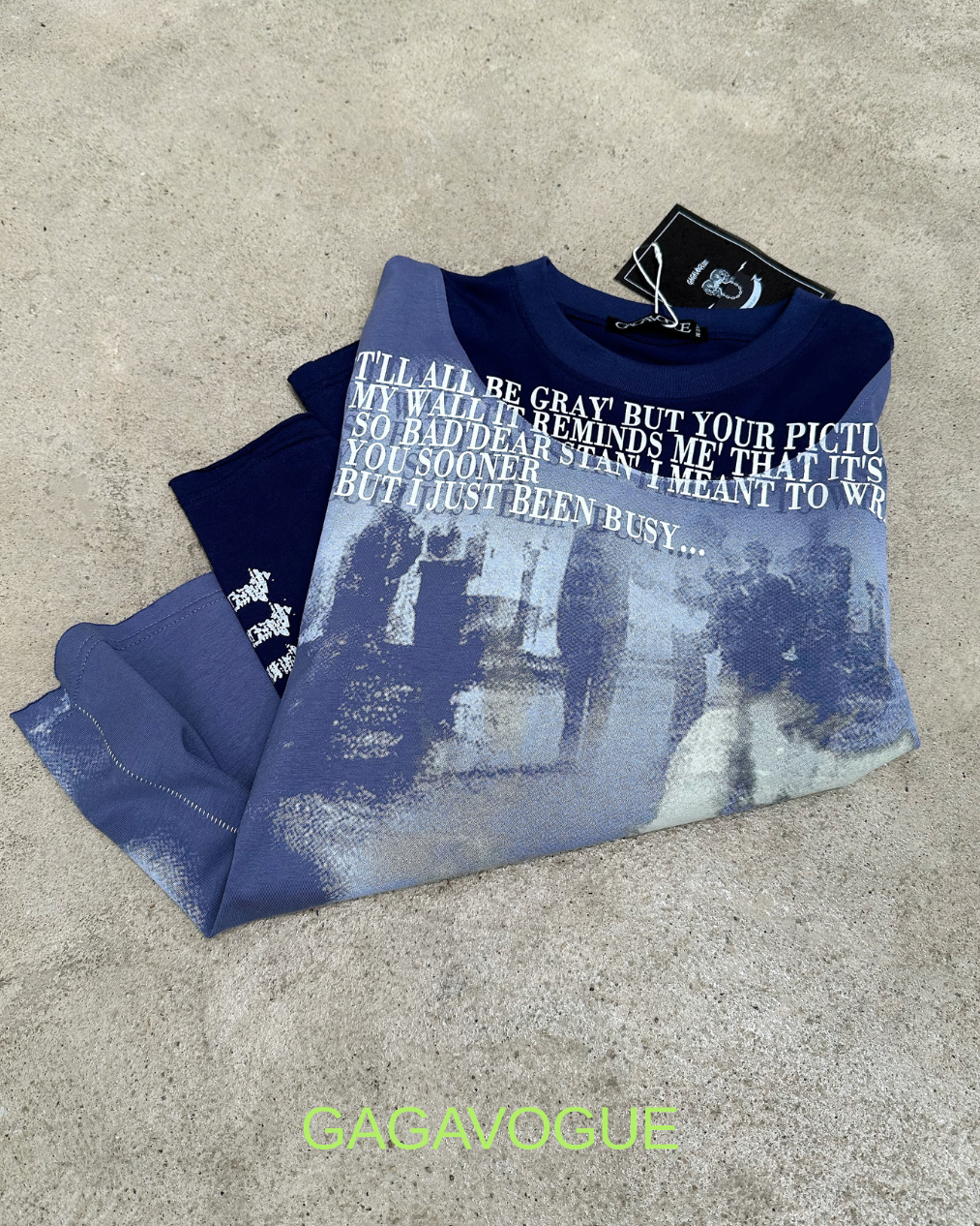 GAGAVOGUE NAVY MEMORY GRAPHIC MESH PANEL LONG SLEEVE T-SHIRT