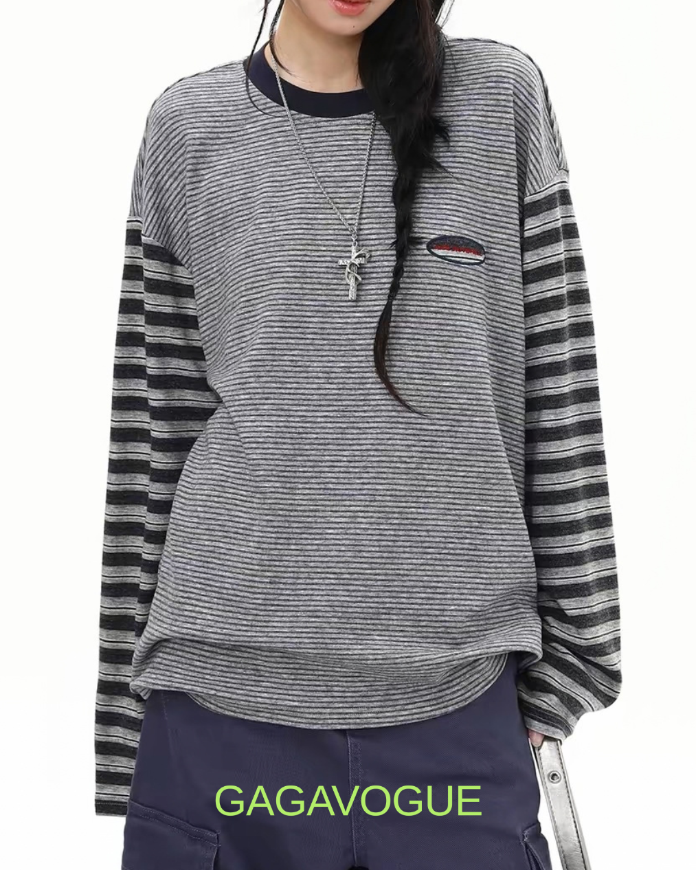 GAGAVOGUE FINE STRIPE CONTRAST SLEEVE LONG SLEEVE T-SHIRT