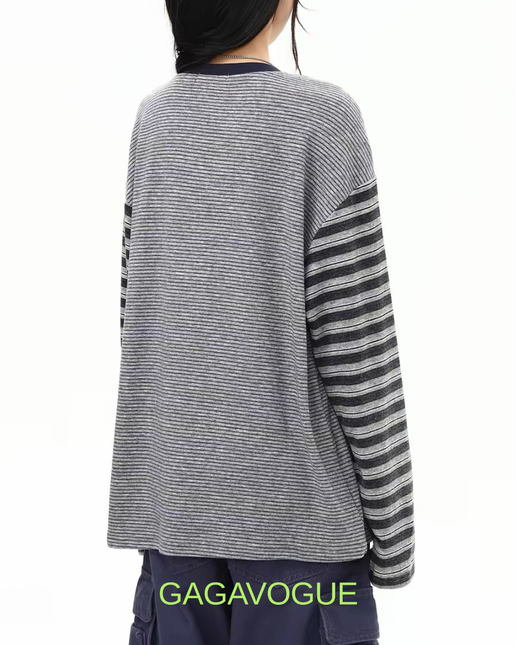 GAGAVOGUE FINE STRIPE CONTRAST SLEEVE LONG SLEEVE T-SHIRT