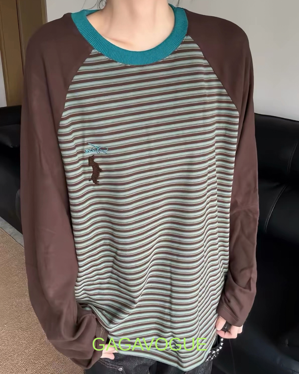 GAGAVOGUE CONTRAST RAGLAN STRIPE LONG SLEEVE T-SHIRT