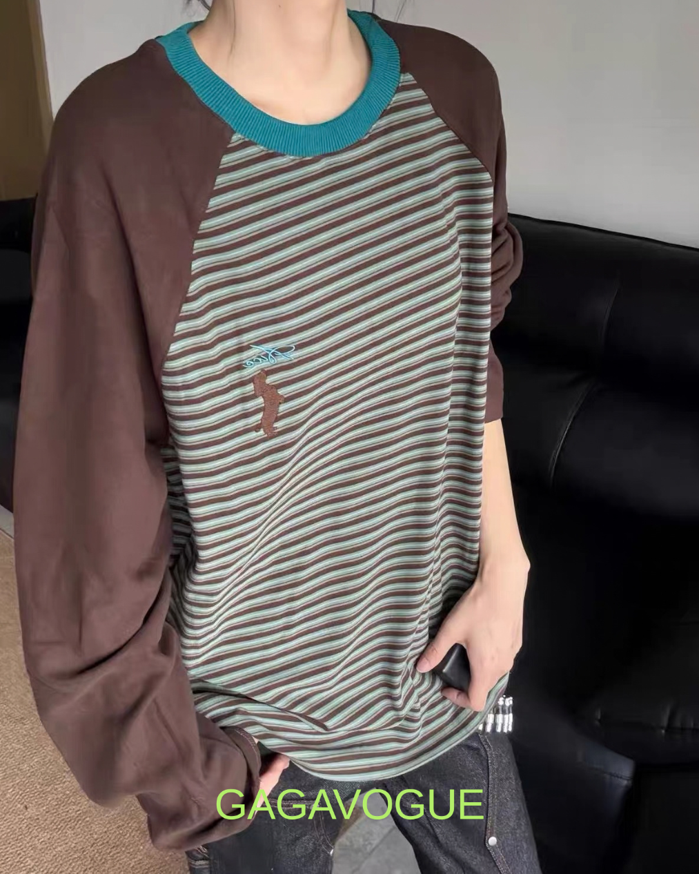 GAGAVOGUE CONTRAST RAGLAN STRIPE LONG SLEEVE T-SHIRT