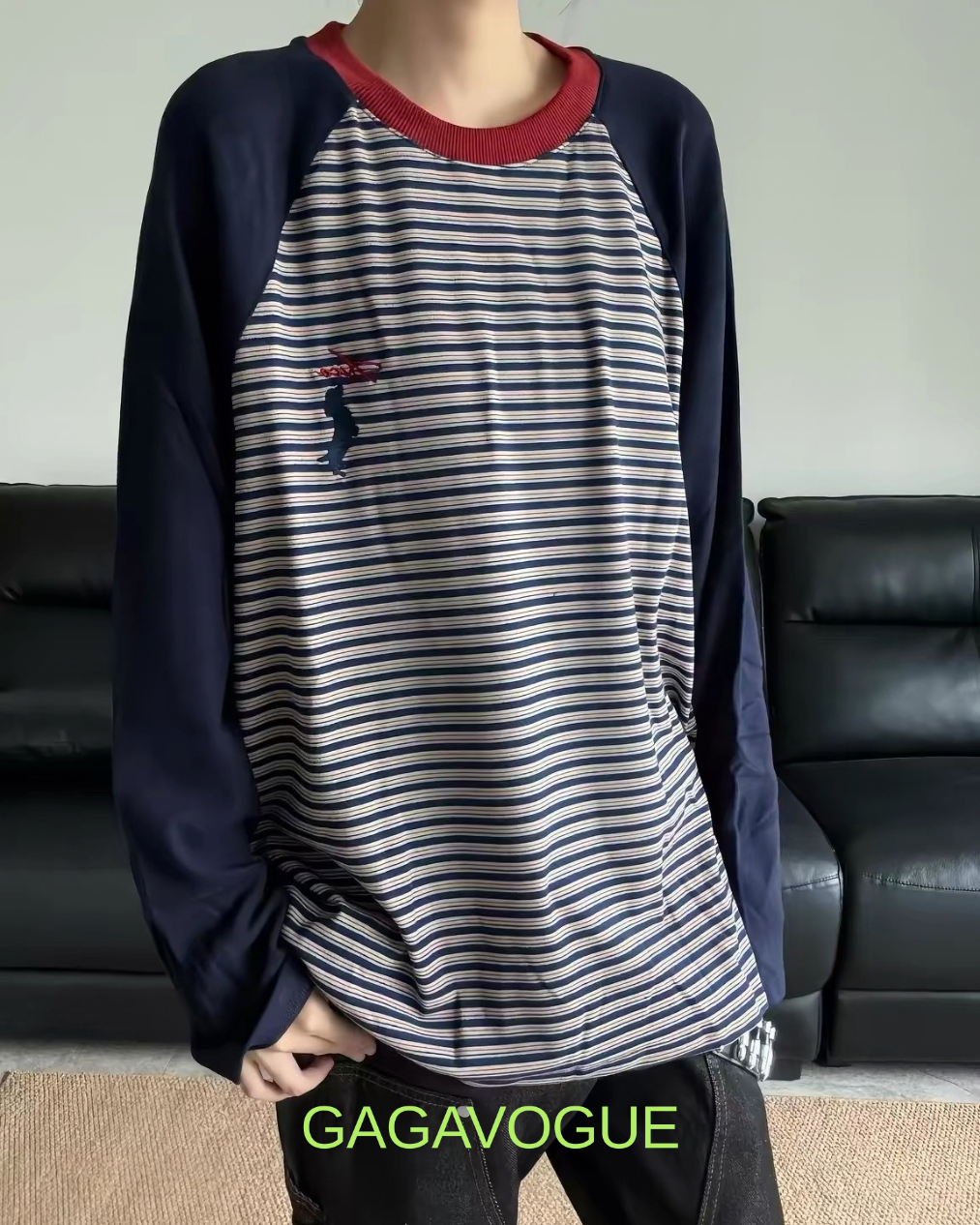 GAGAVOGUE CONTRAST RAGLAN STRIPE LONG SLEEVE T-SHIRT