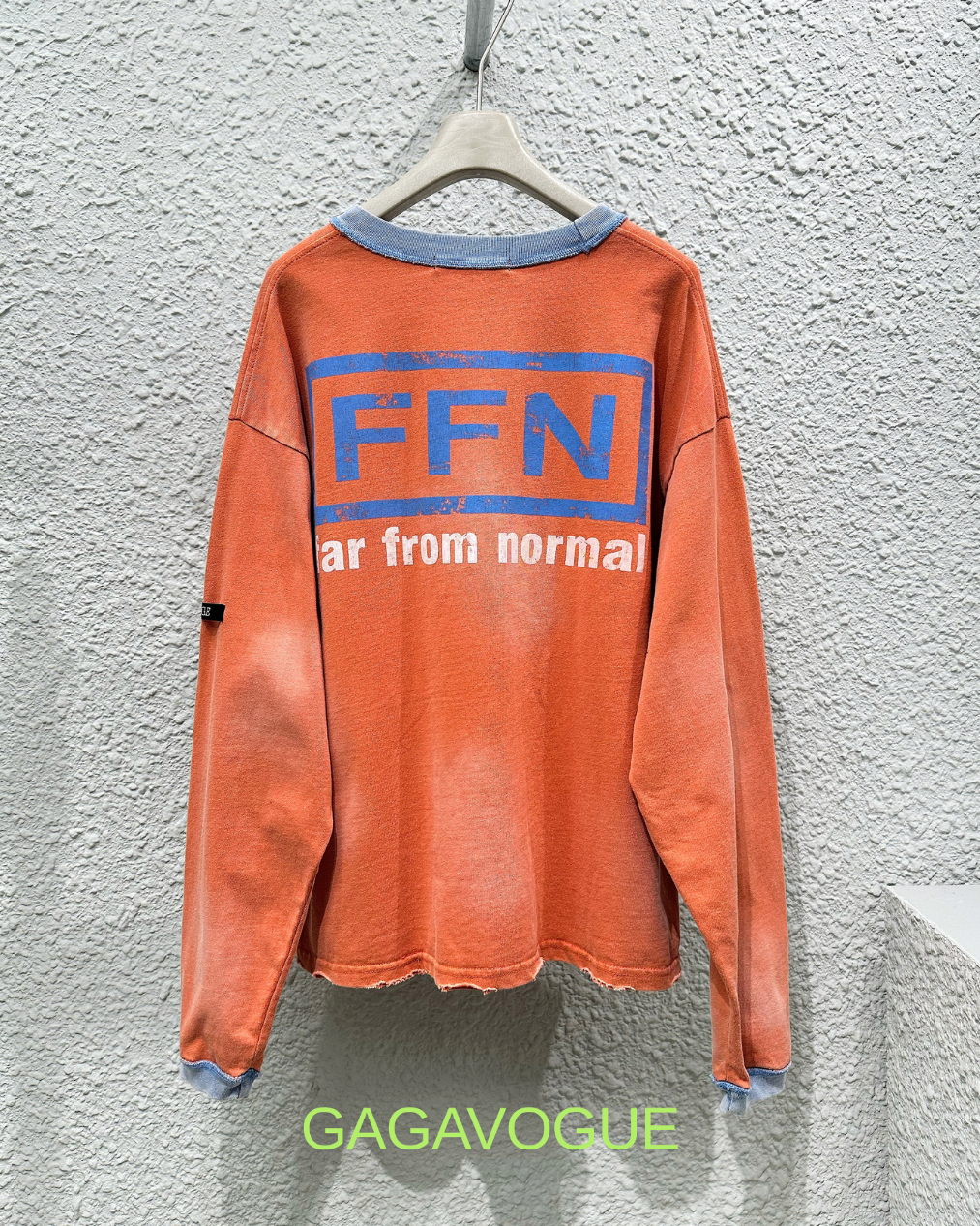 GAGAVOGUE ORANGE DISTRESSED TYPOGRAPHIC LONG SLEEVE T-SHIRT