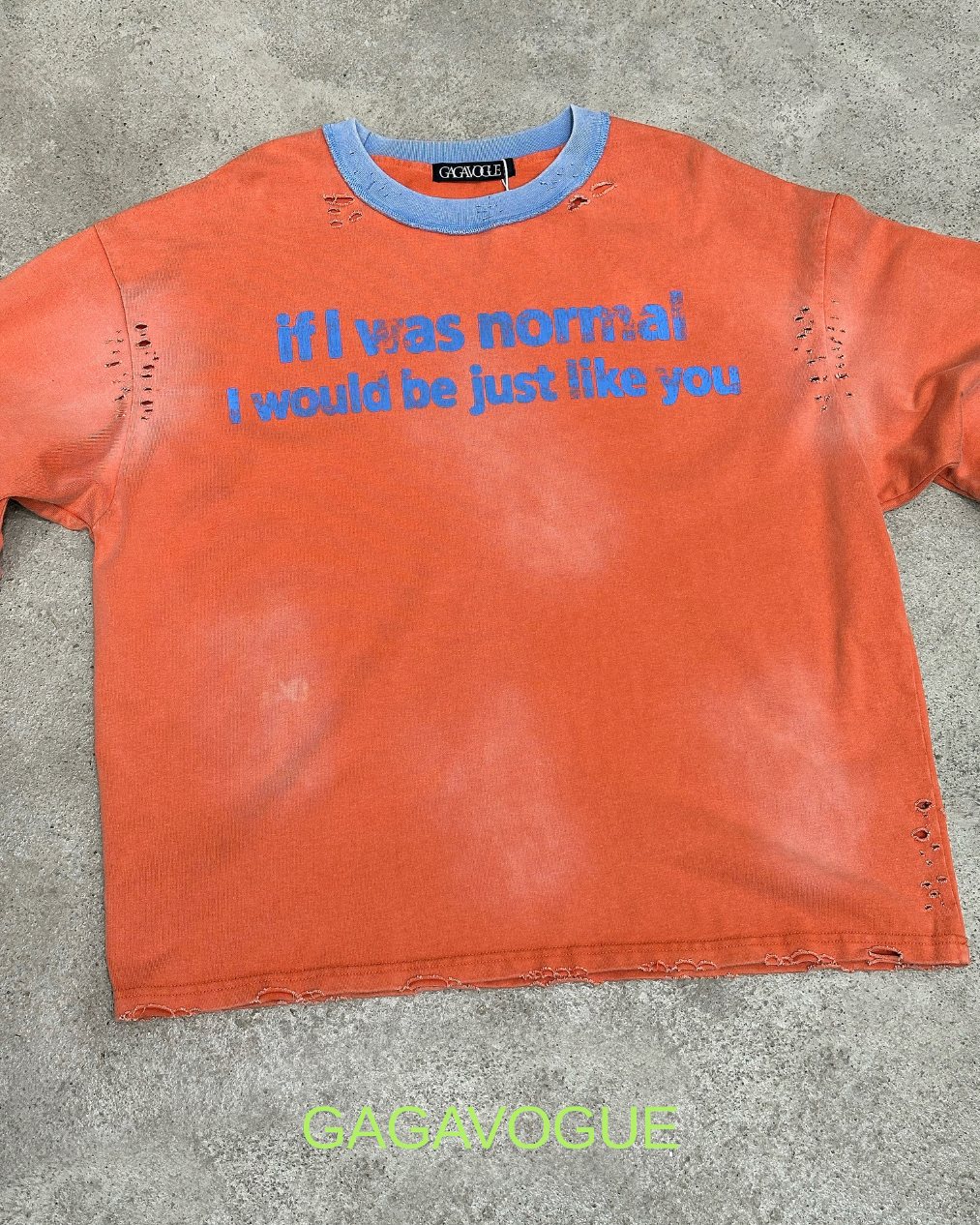 GAGAVOGUE ORANGE DISTRESSED TYPOGRAPHIC LONG SLEEVE T-SHIRT