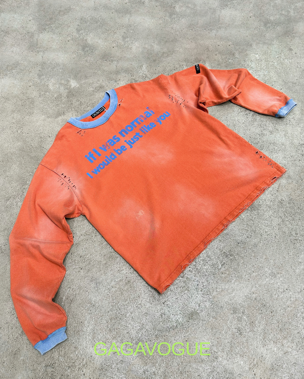 GAGAVOGUE ORANGE DISTRESSED TYPOGRAPHIC LONG SLEEVE T-SHIRT