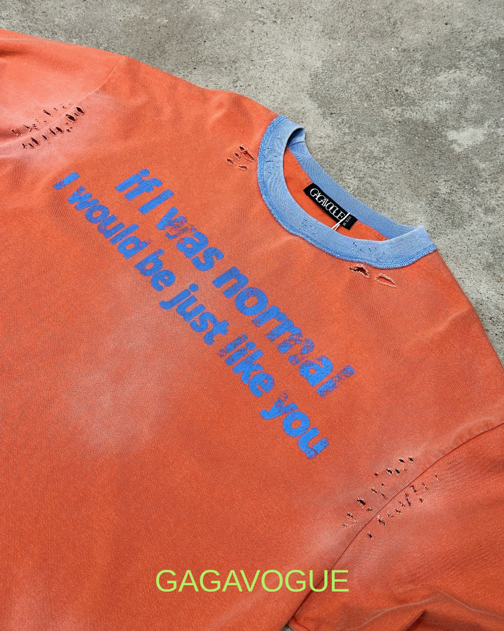 GAGAVOGUE ORANGE DISTRESSED TYPOGRAPHIC LONG SLEEVE T-SHIRT