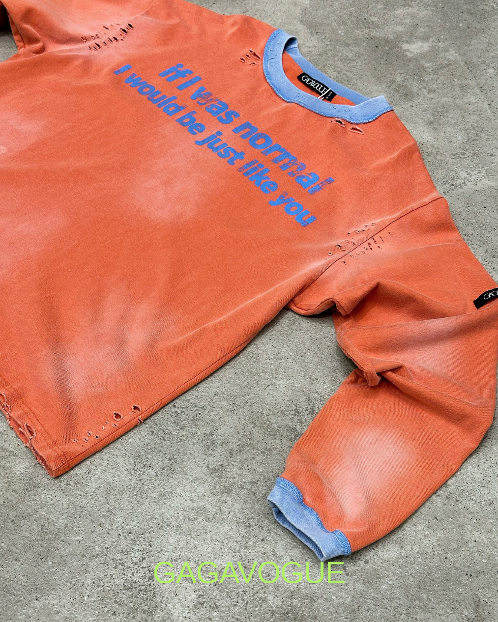 GAGAVOGUE ORANGE DISTRESSED TYPOGRAPHIC LONG SLEEVE T-SHIRT