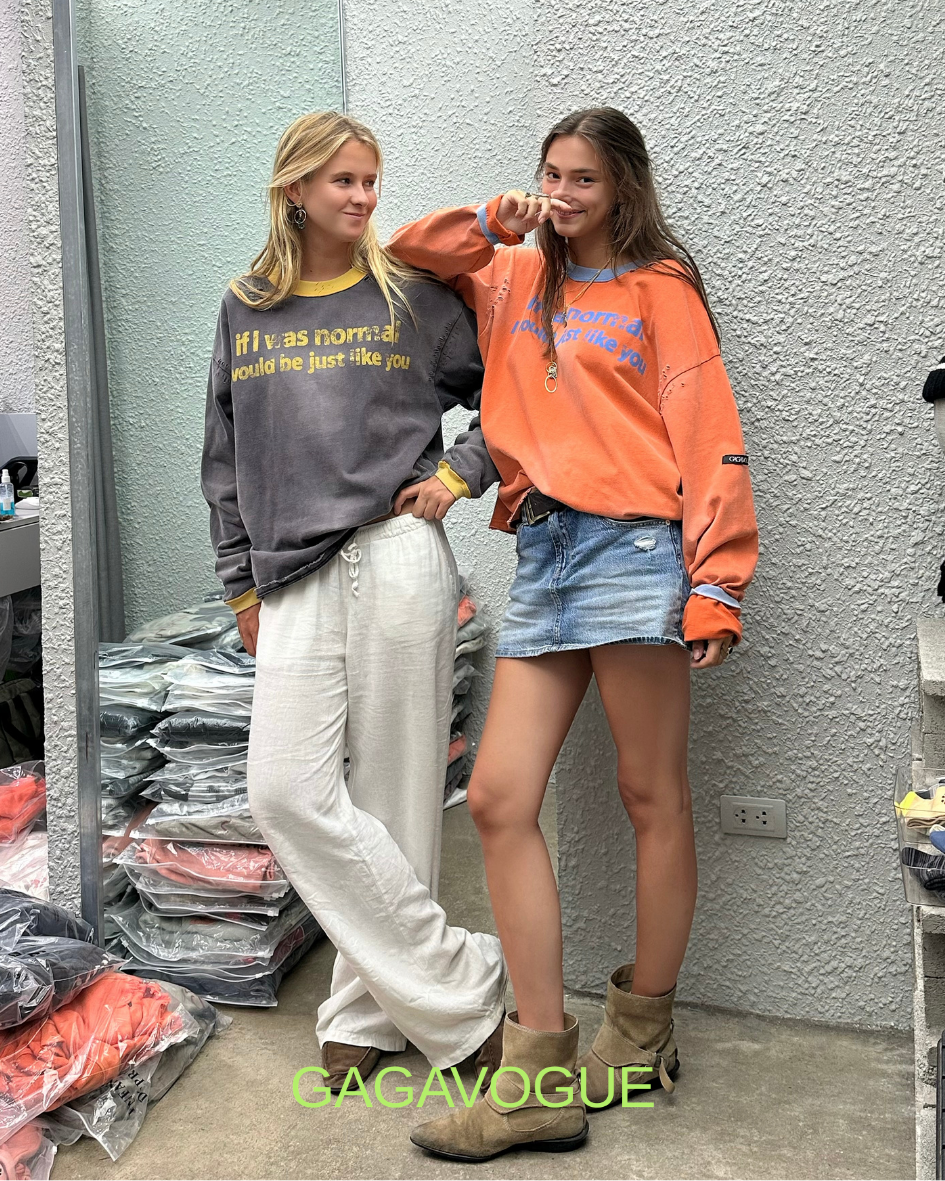 GAGAVOGUE ORANGE DISTRESSED TYPOGRAPHIC LONG SLEEVE T-SHIRT