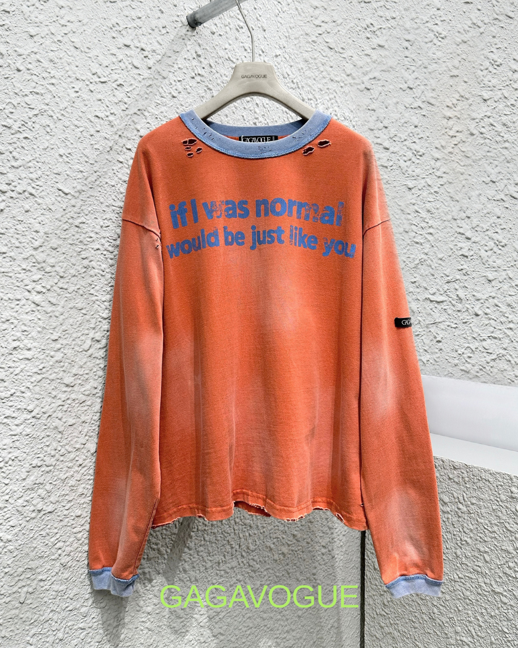 GAGAVOGUE ORANGE DISTRESSED TYPOGRAPHIC LONG SLEEVE T-SHIRT