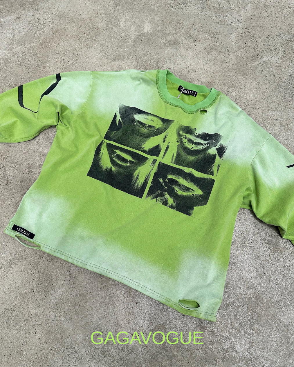 GAGAVOGUE LIME GREEN DISTRESSED LIP GRAPHIC LONG SLEEVE T-SHIRT