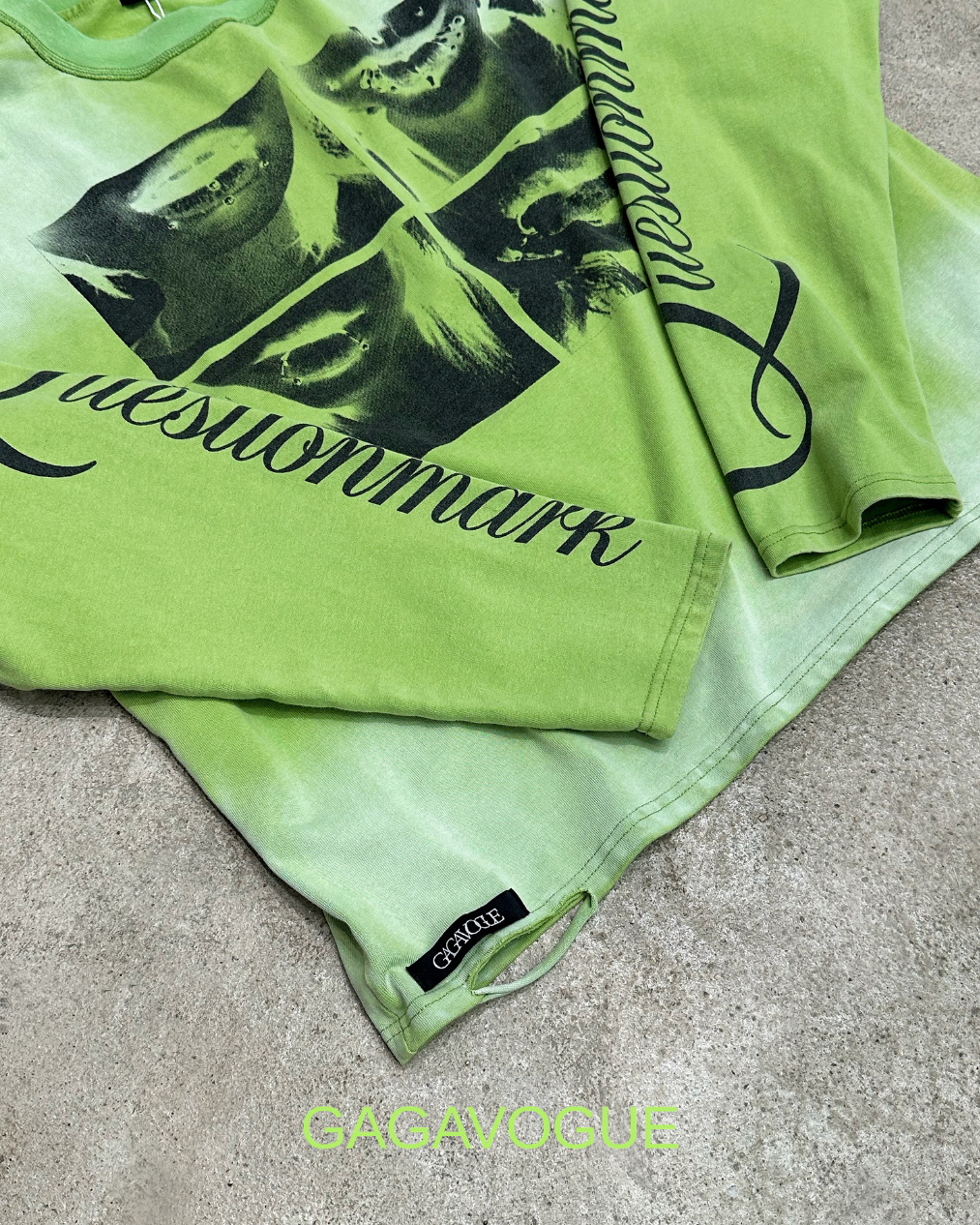 GAGAVOGUE LIME GREEN DISTRESSED LIP GRAPHIC LONG SLEEVE T-SHIRT