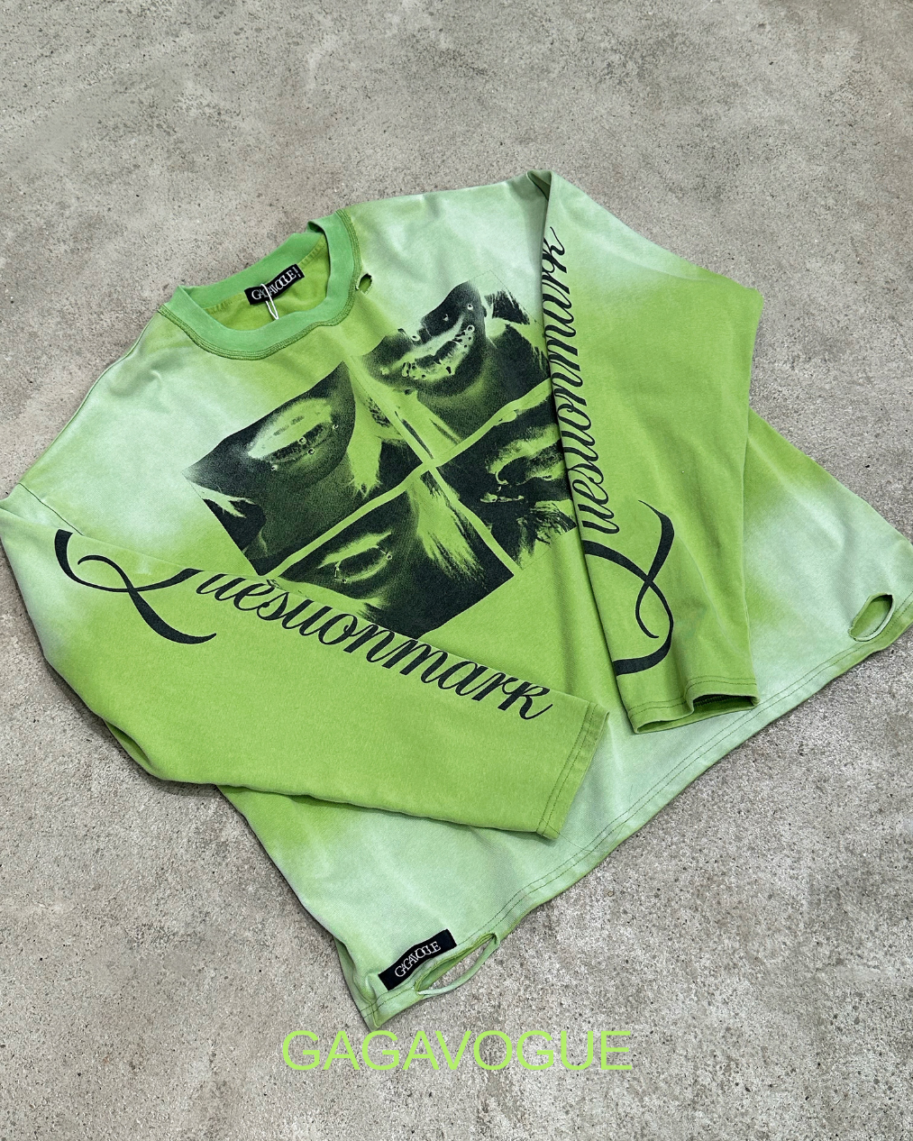 GAGAVOGUE LIME GREEN DISTRESSED LIP GRAPHIC LONG SLEEVE T-SHIRT