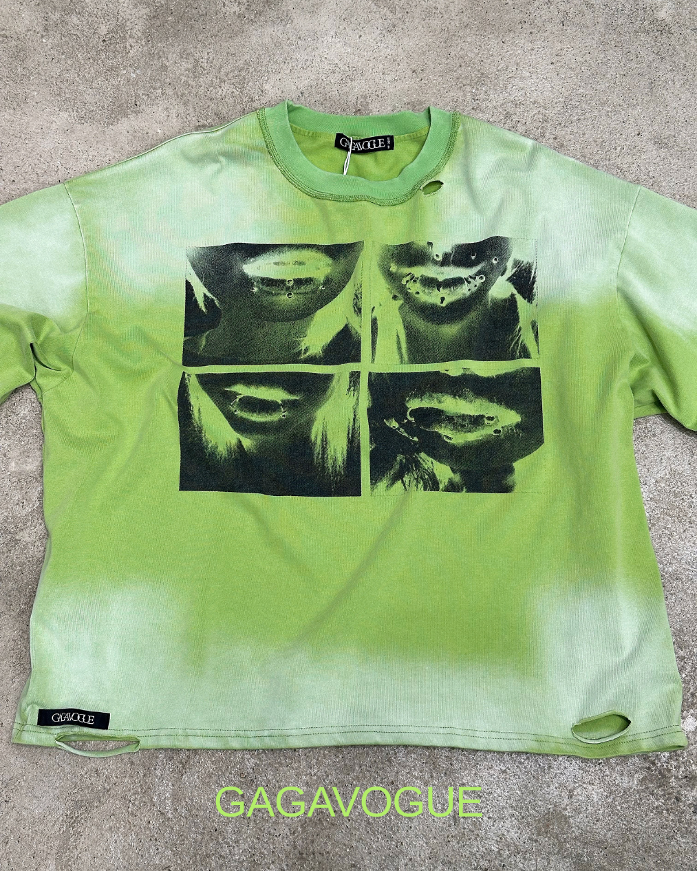 GAGAVOGUE LIME GREEN DISTRESSED LIP GRAPHIC LONG SLEEVE T-SHIRT