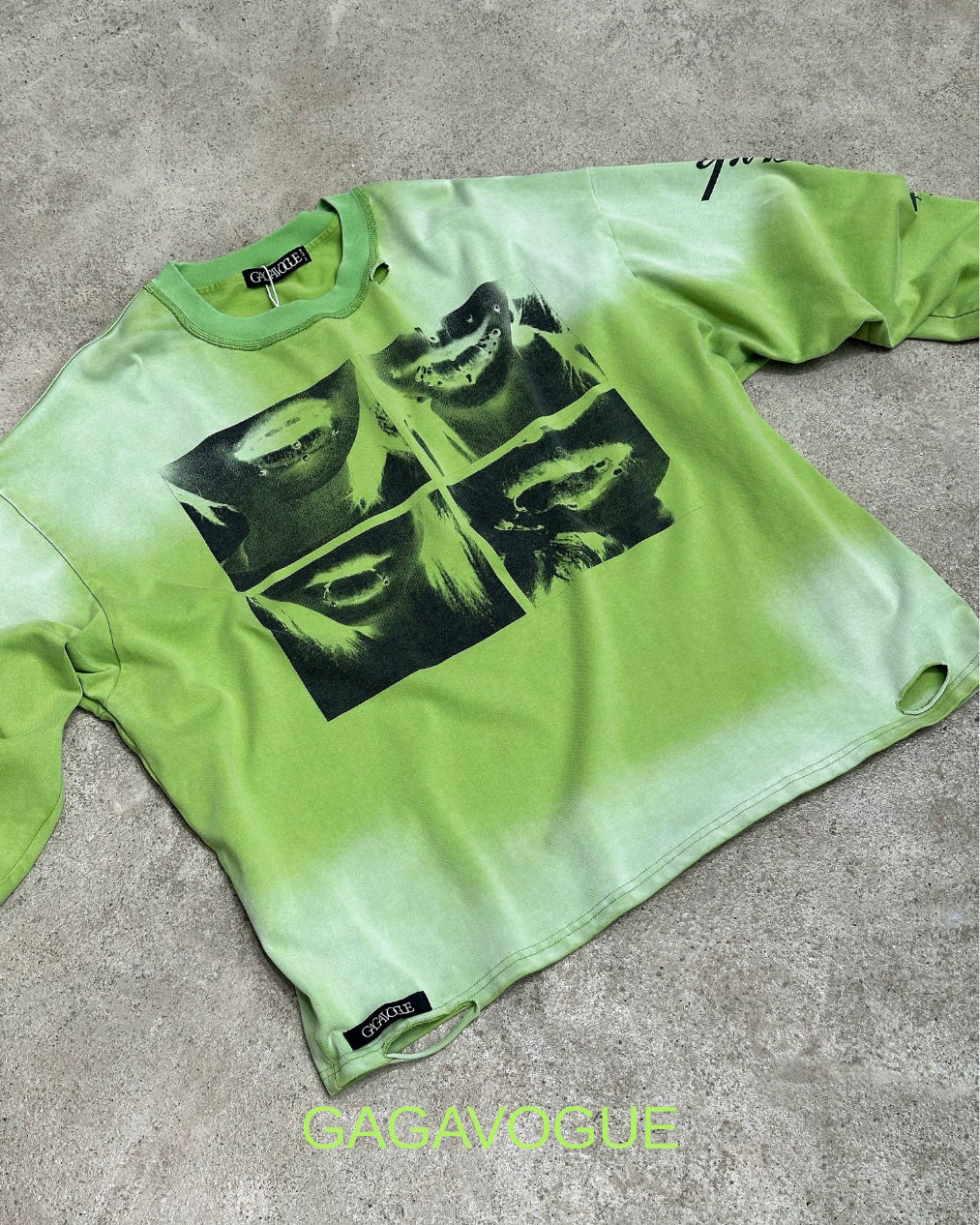 GAGAVOGUE LIME GREEN DISTRESSED LIP GRAPHIC LONG SLEEVE T-SHIRT