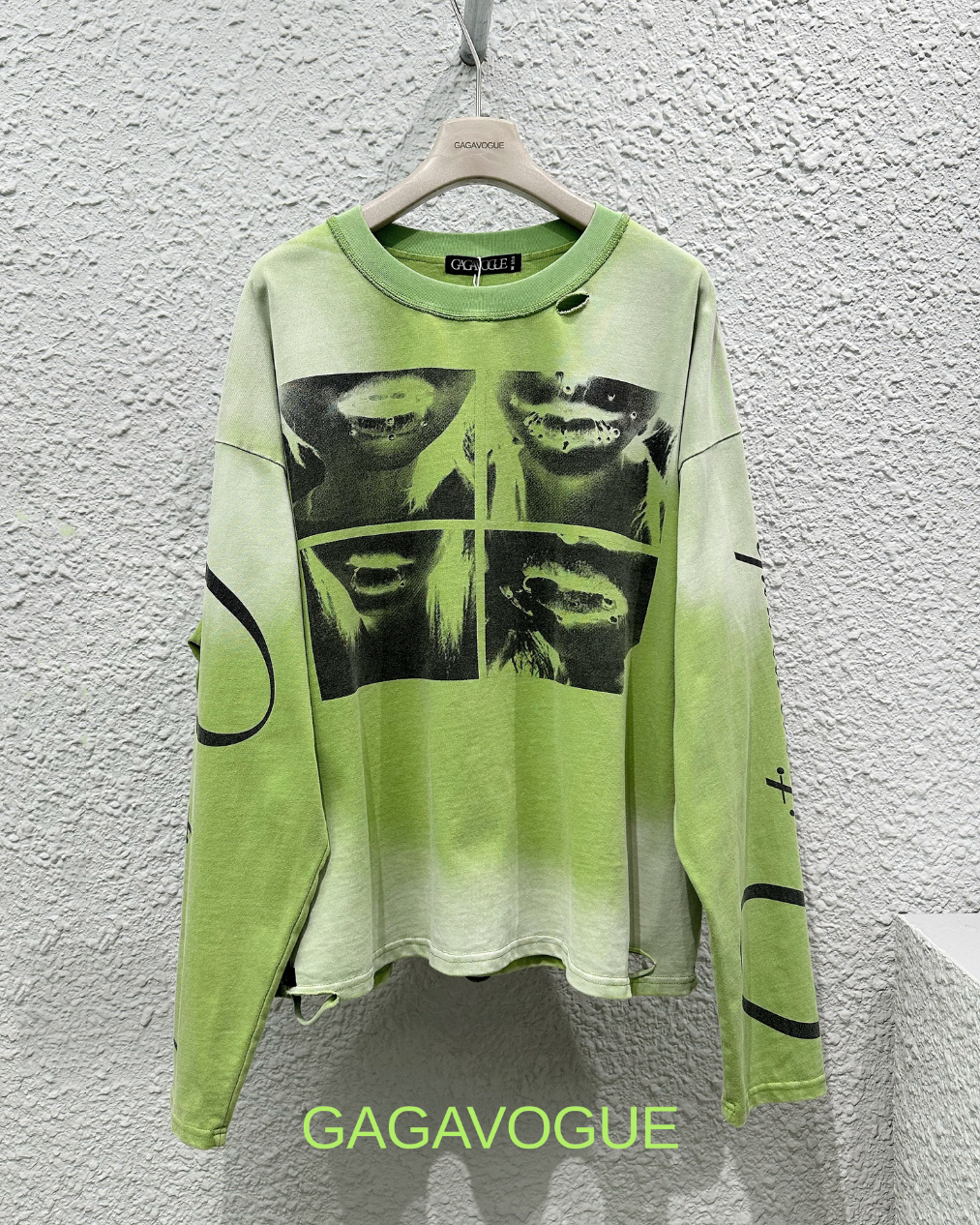 GAGAVOGUE LIME GREEN DISTRESSED LIP GRAPHIC LONG SLEEVE T-SHIRT