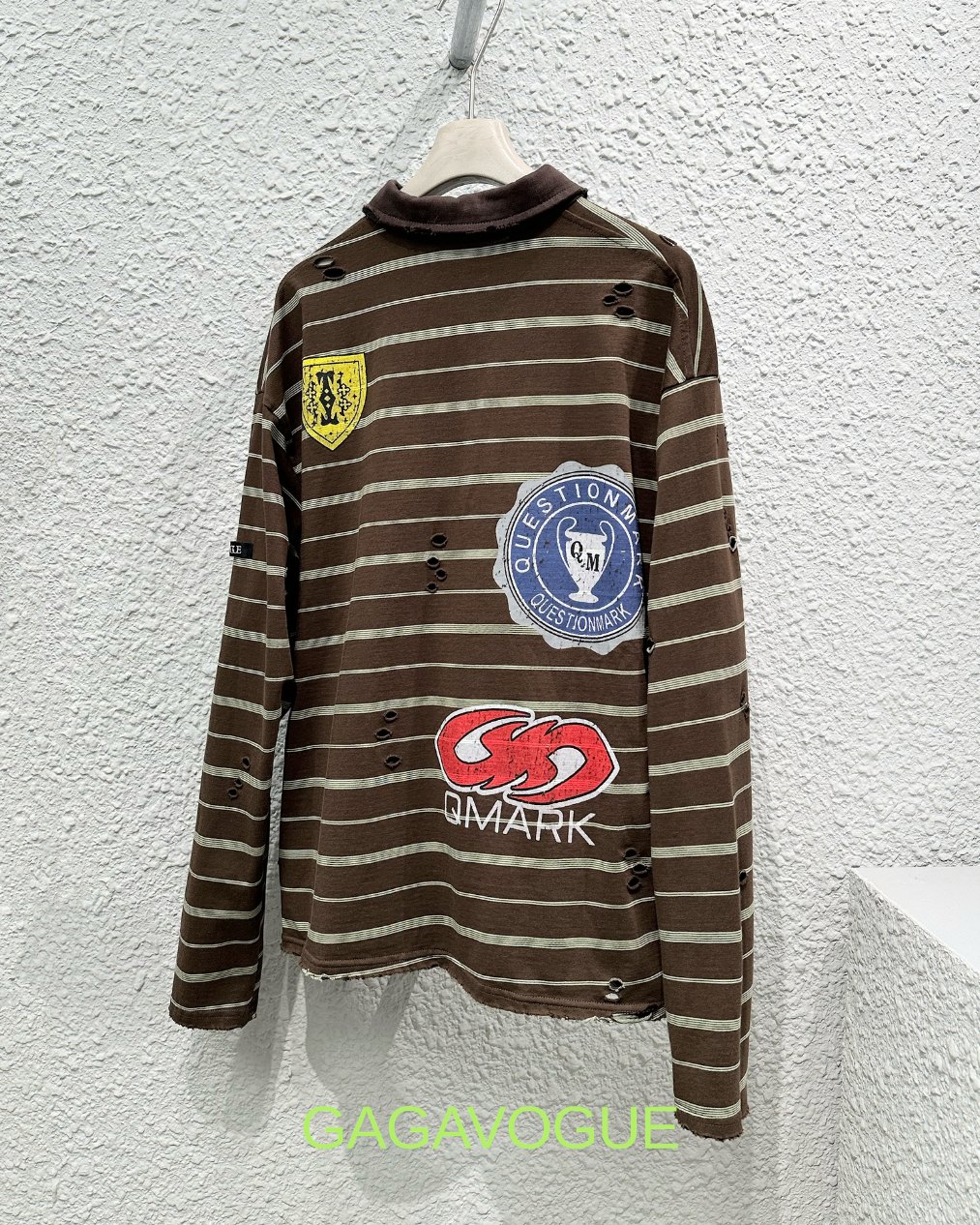 GAGAVOGUE BROWN DISTRESSED STRIPED PATCHWORK POLO LONG SLEEVE