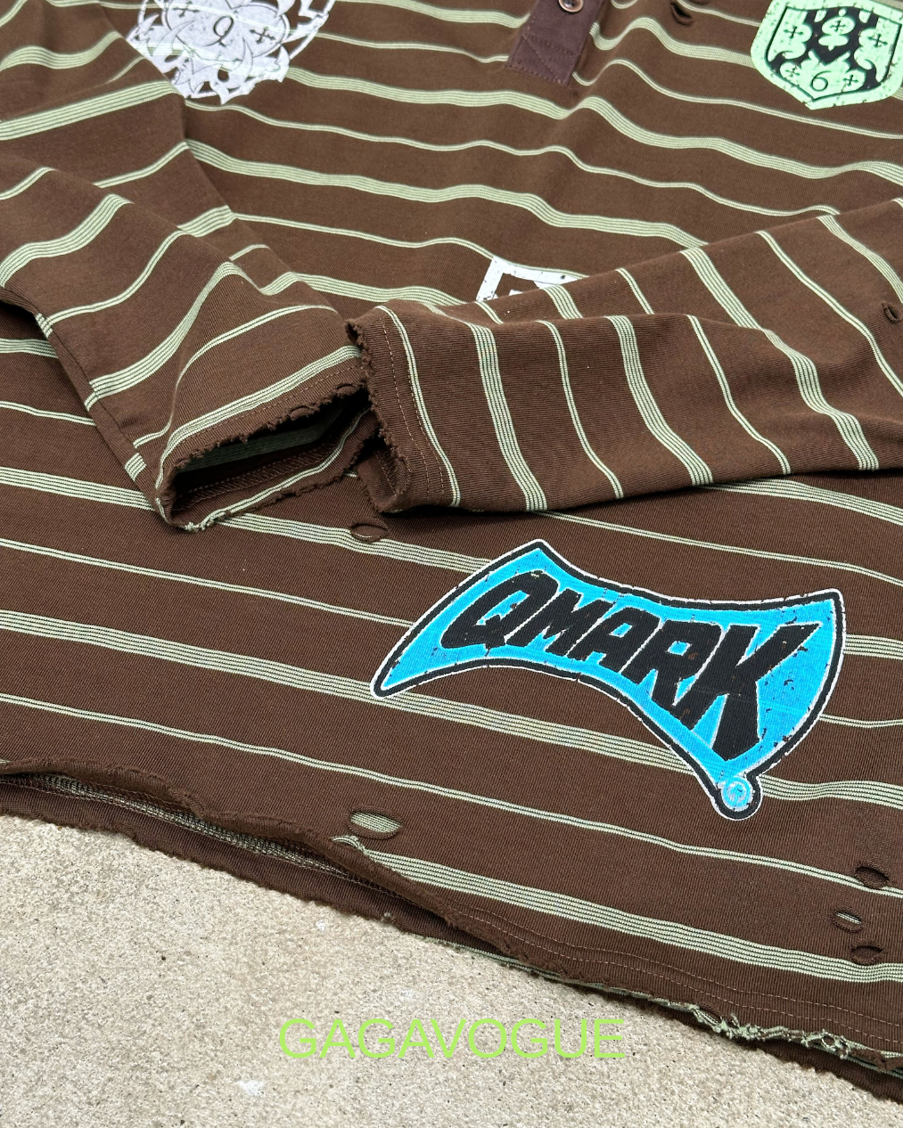 GAGAVOGUE BROWN DISTRESSED STRIPED PATCHWORK POLO LONG SLEEVE
