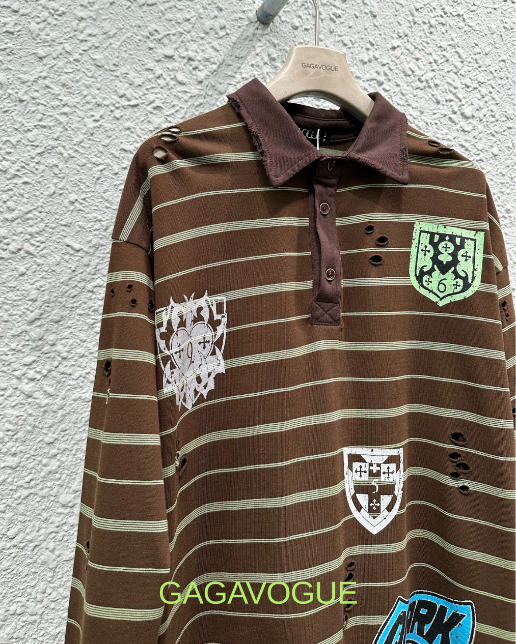 GAGAVOGUE BROWN DISTRESSED STRIPED PATCHWORK POLO LONG SLEEVE