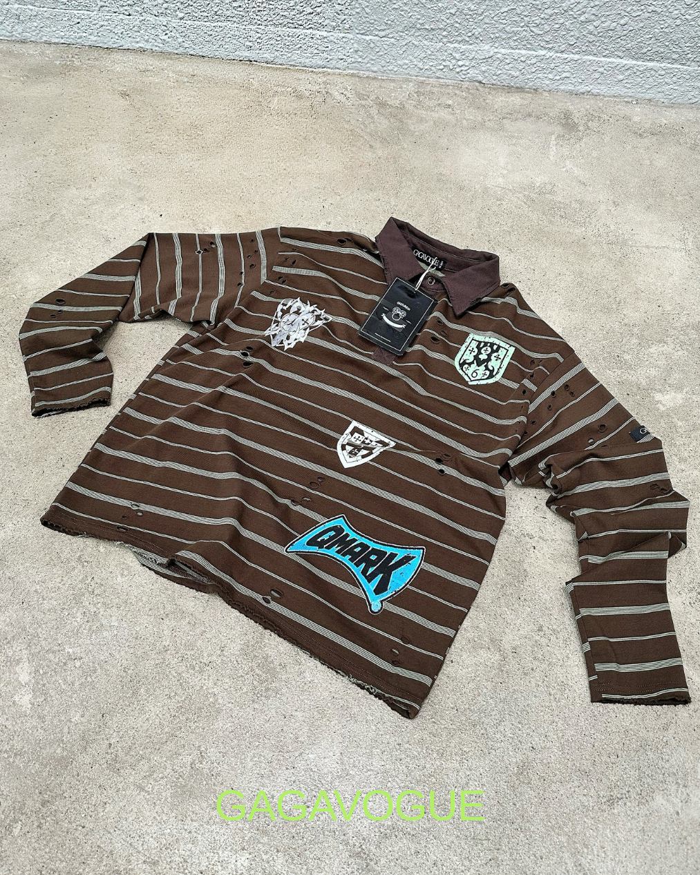 GAGAVOGUE BROWN DISTRESSED STRIPED PATCHWORK POLO LONG SLEEVE