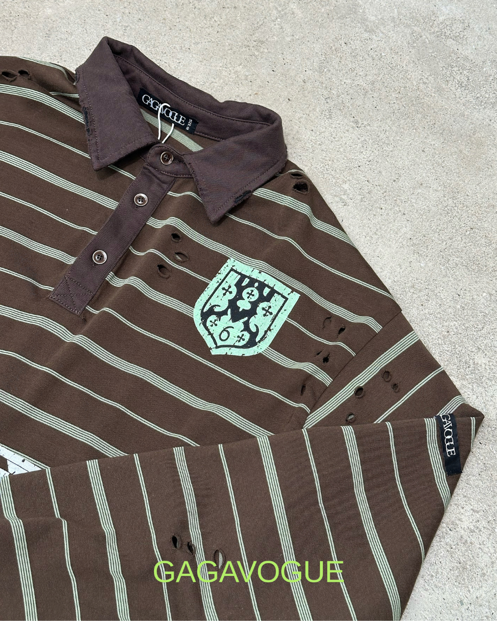 GAGAVOGUE BROWN DISTRESSED STRIPED PATCHWORK POLO LONG SLEEVE