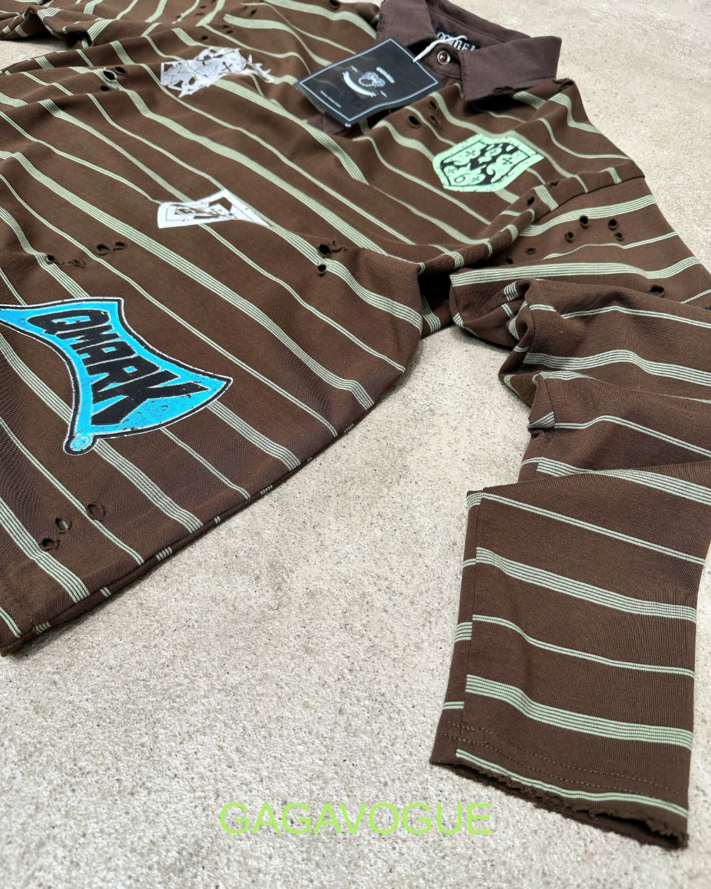 GAGAVOGUE BROWN DISTRESSED STRIPED PATCHWORK POLO LONG SLEEVE