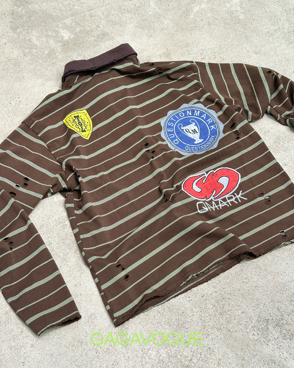 GAGAVOGUE BROWN DISTRESSED STRIPED PATCHWORK POLO LONG SLEEVE